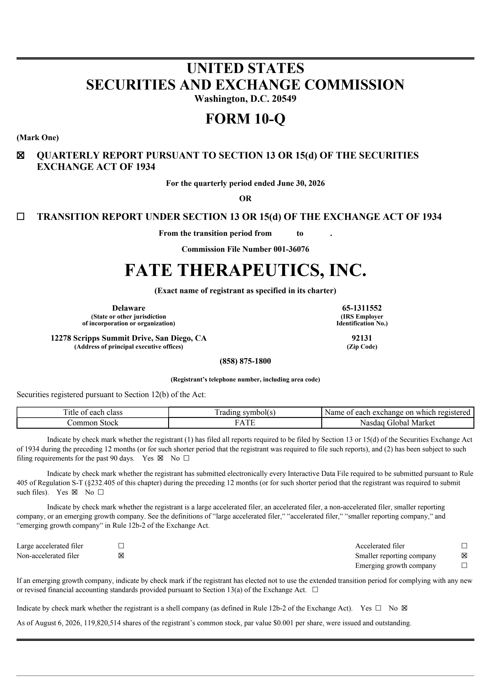 Fate Therapeutics' Q2 2026 Quarterly report