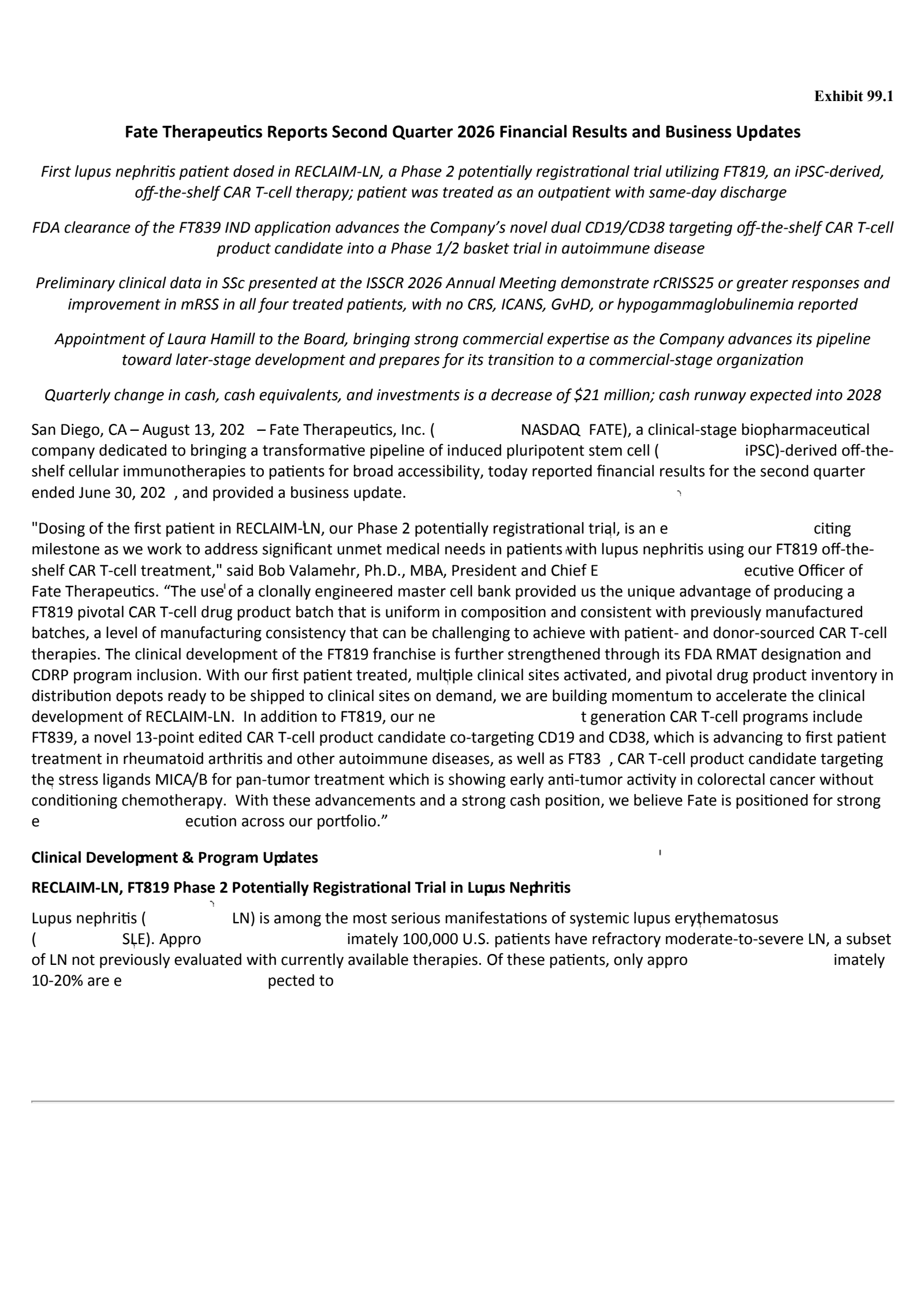 Fate Therapeutics' Q2 2026 Press Release