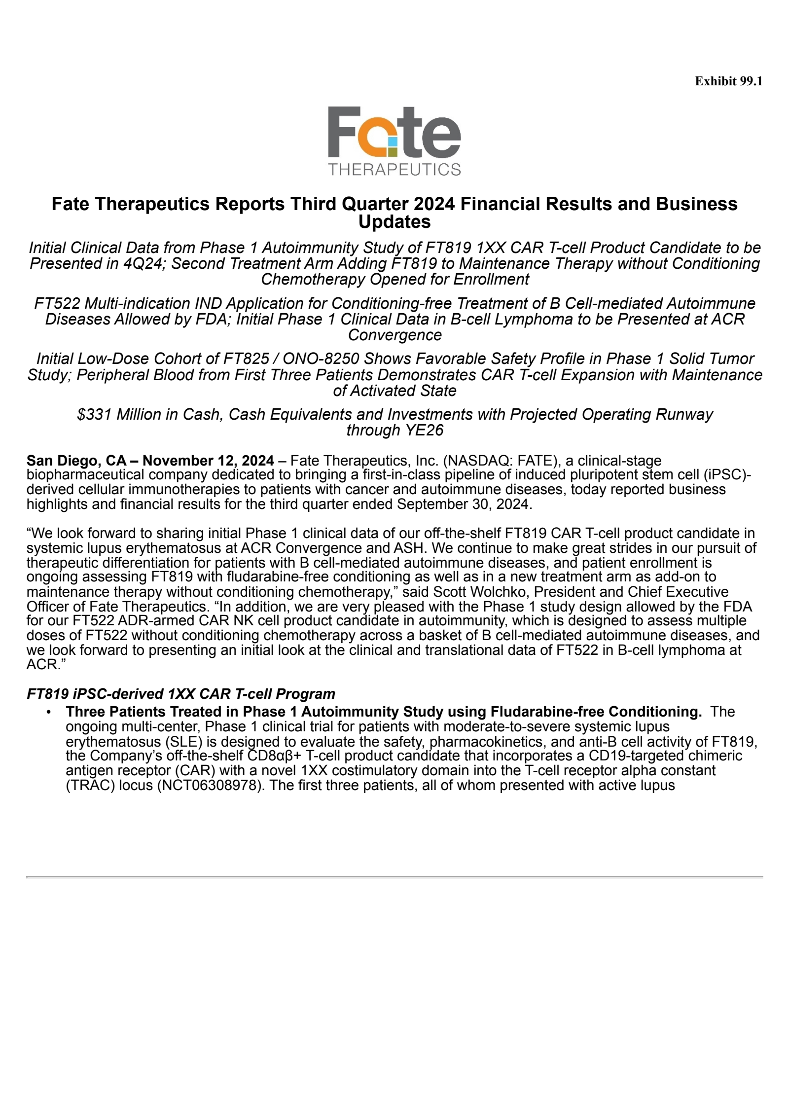 Fate Therapeutics' Q3 2024 Press Release