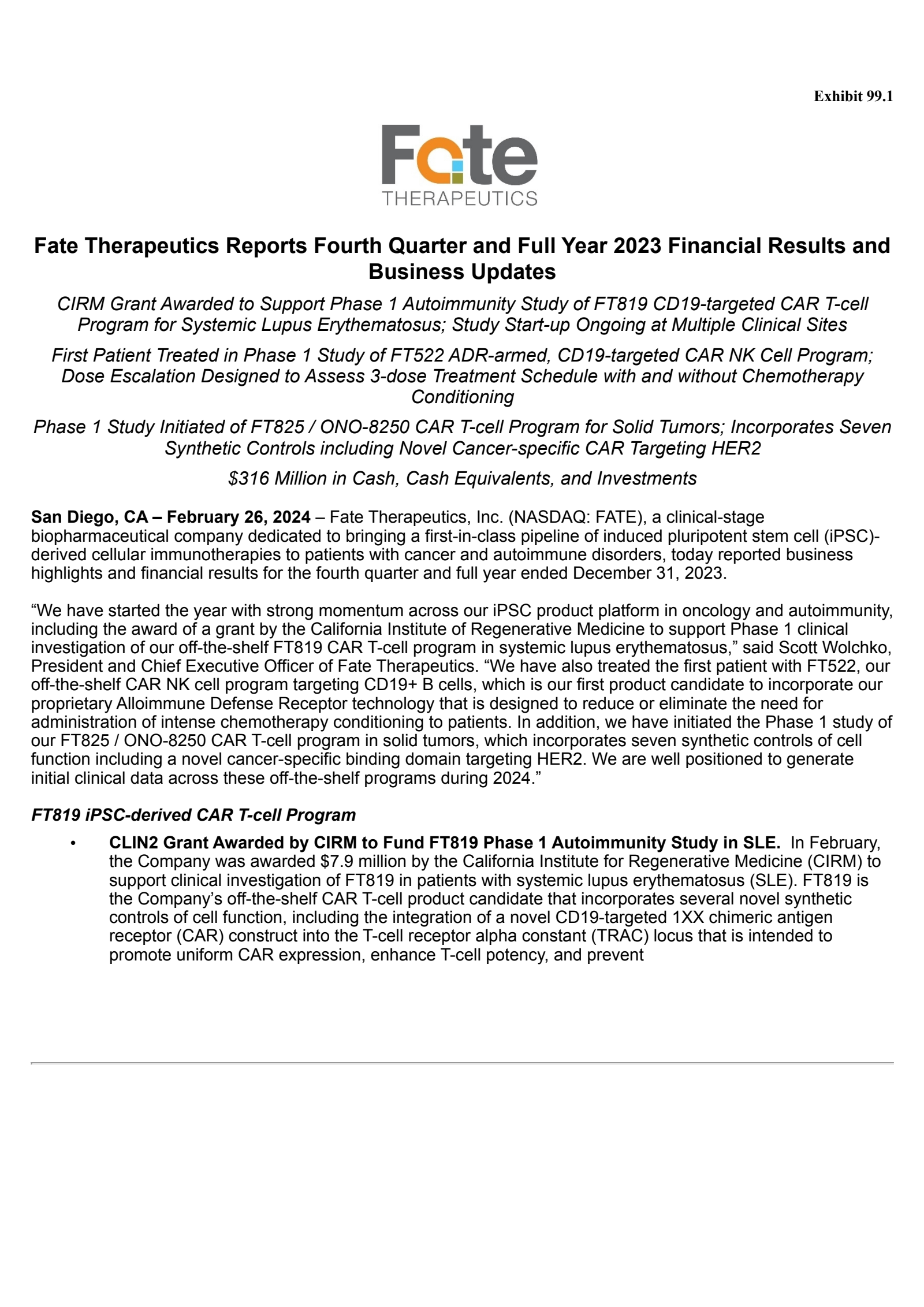 Fate Therapeutics' Q4 2023 Press Release