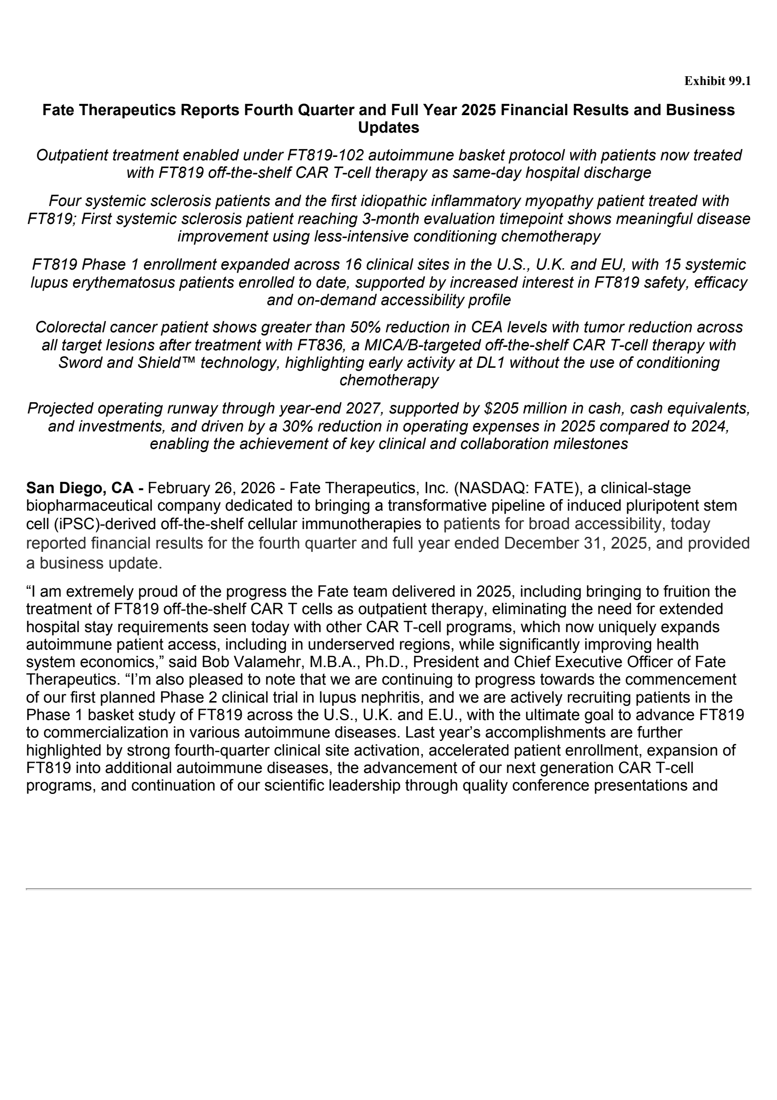 Fate Therapeutics' Q4 2025 Press Release