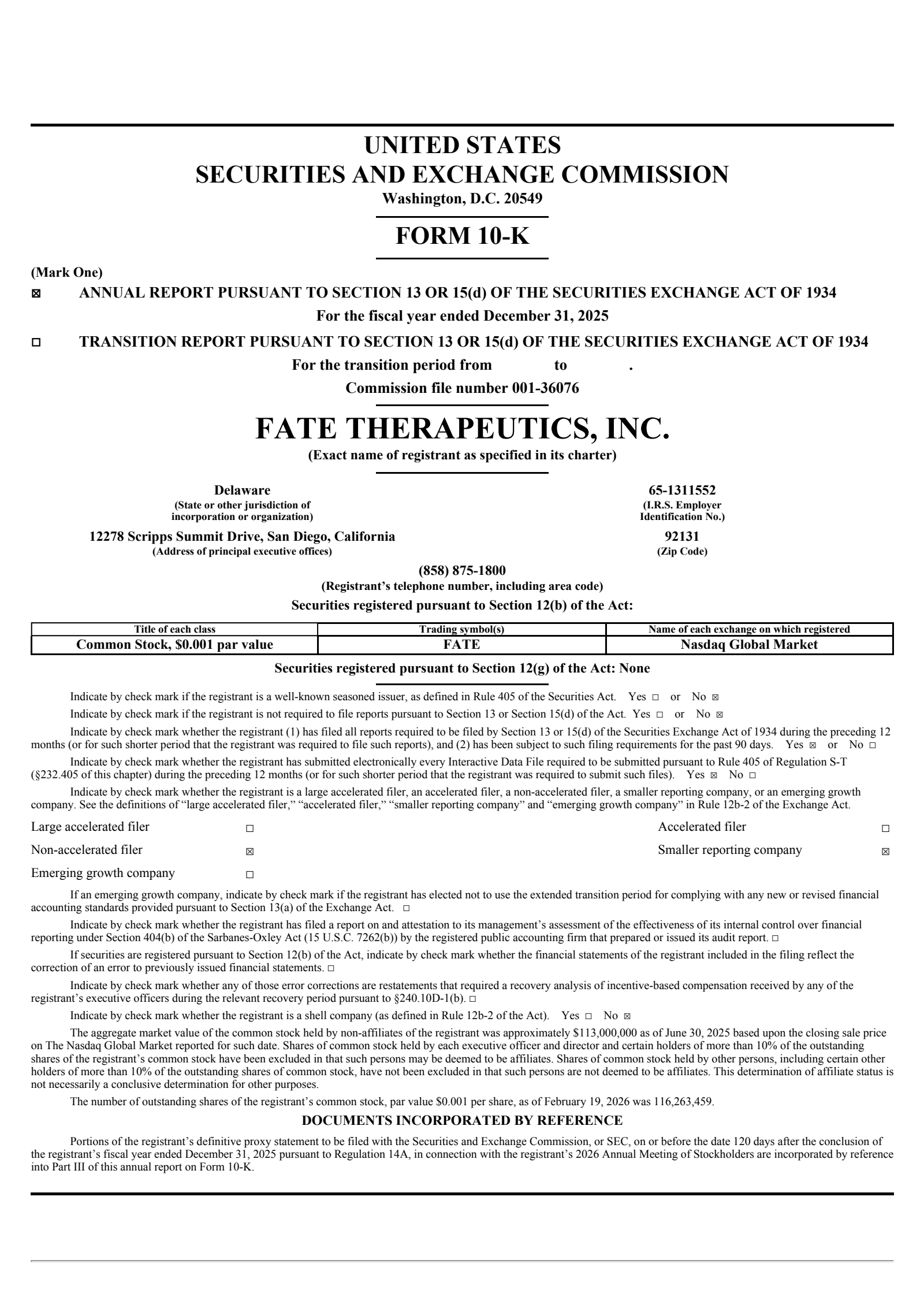 Fate Therapeutics' Q4 2025 Annual report