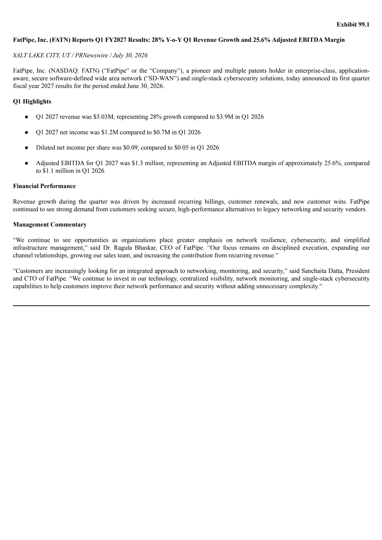 Fatpipe Inc/UT's Q1 2027 Press Release