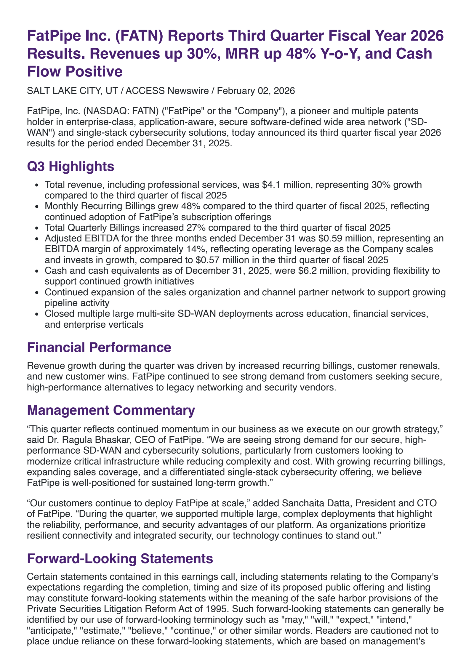 Fatpipe Inc/UT's Q3 2026 Press Release