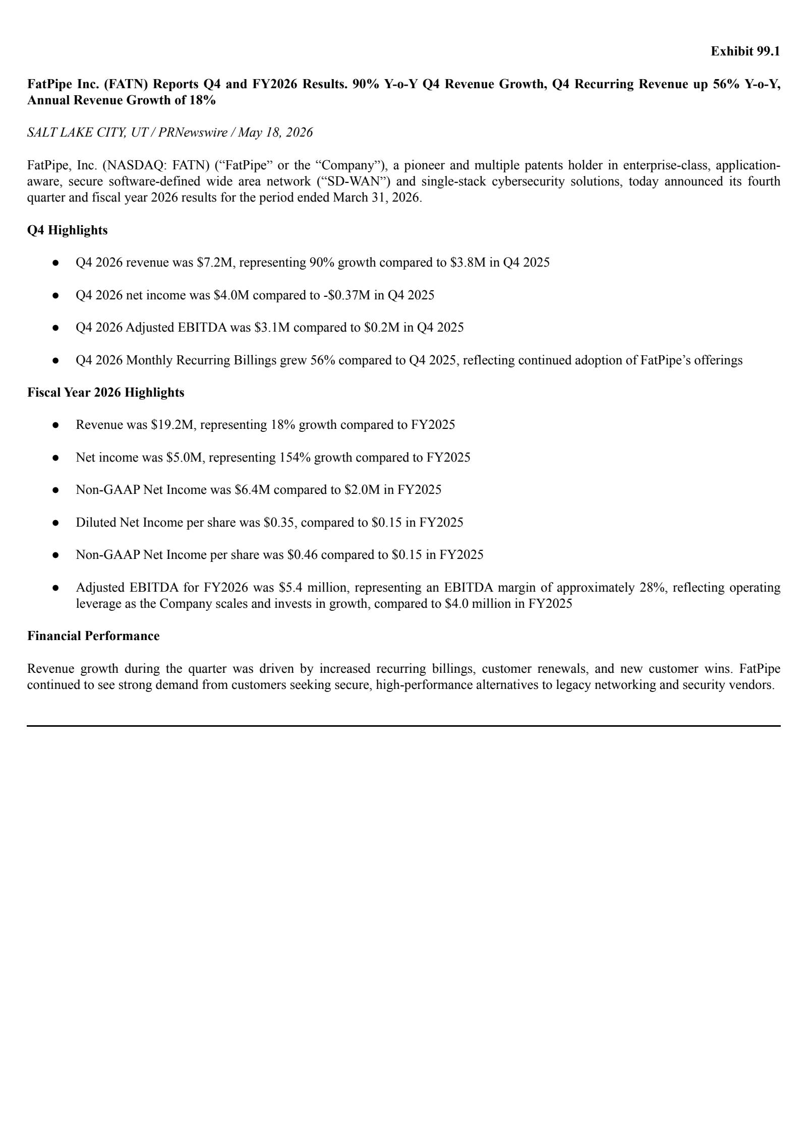 Fatpipe Inc/UT's Q4 2026 Press Release