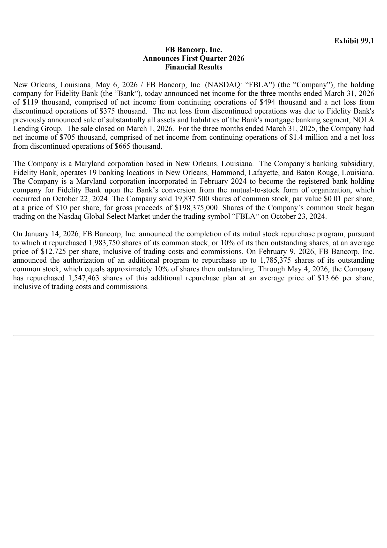 FB Bancorp's Q1 2026 Press Release