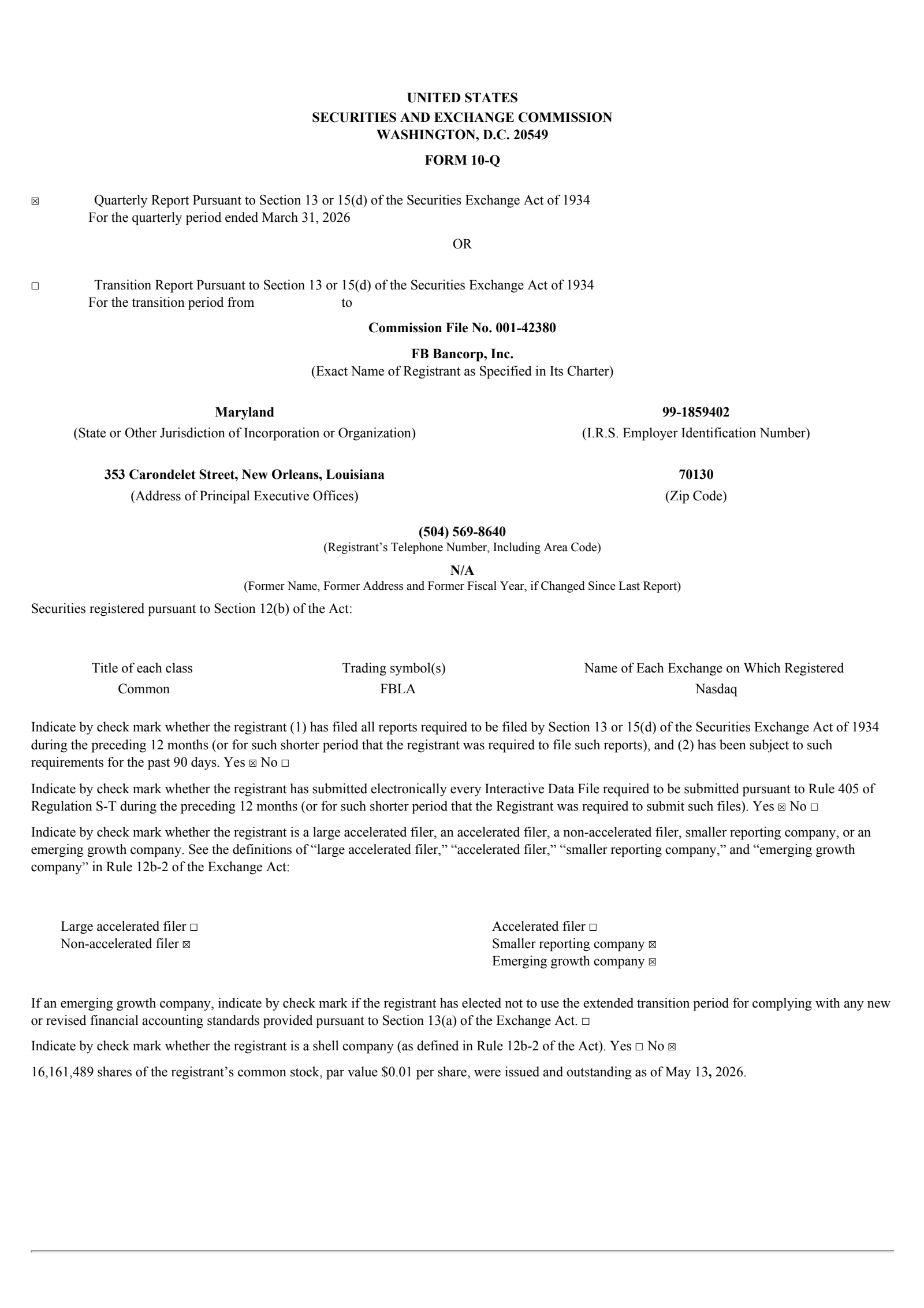 FB Bancorp's Q1 2026 Quarterly report