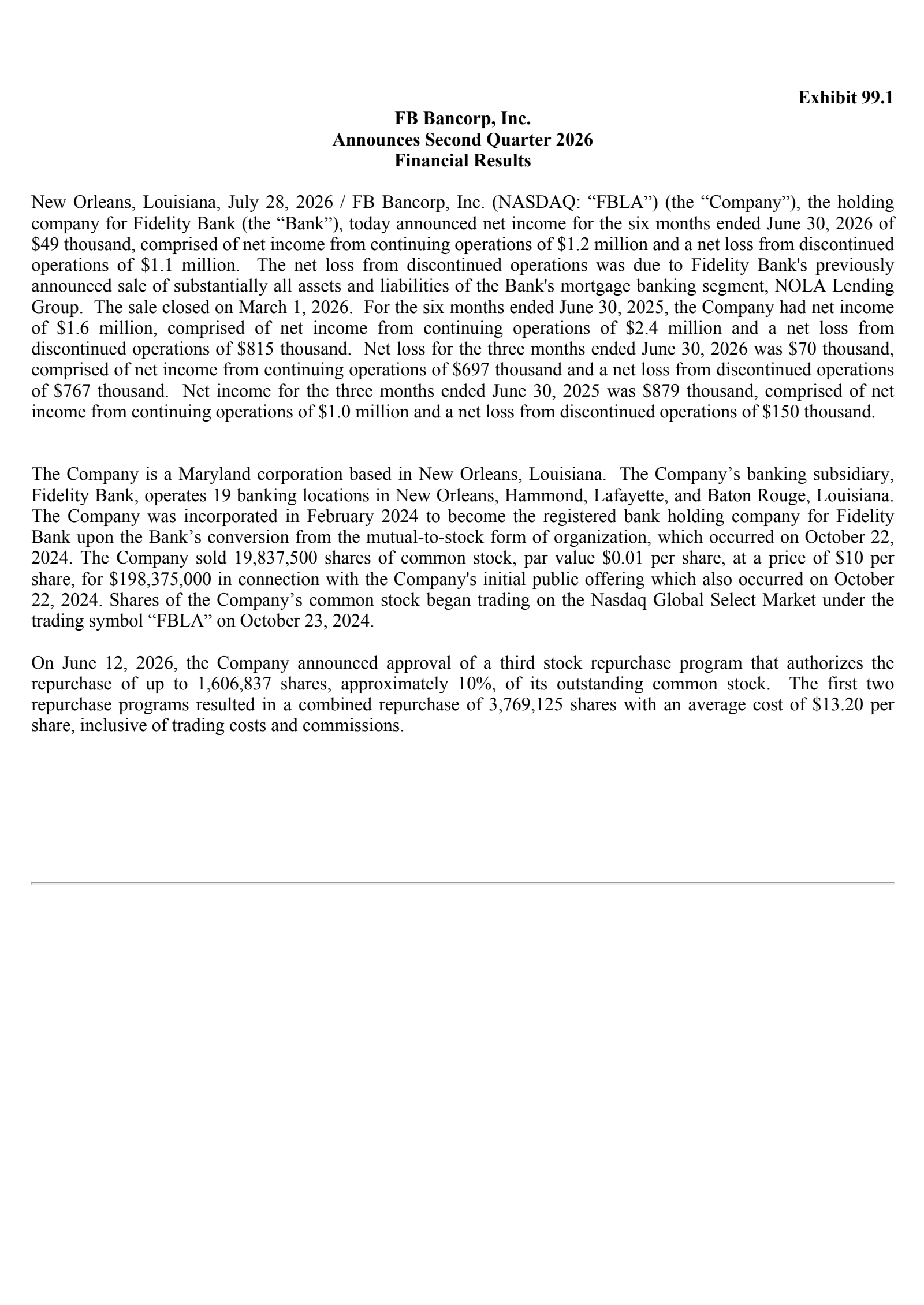FB Bancorp's Q2 2026 Press Release
