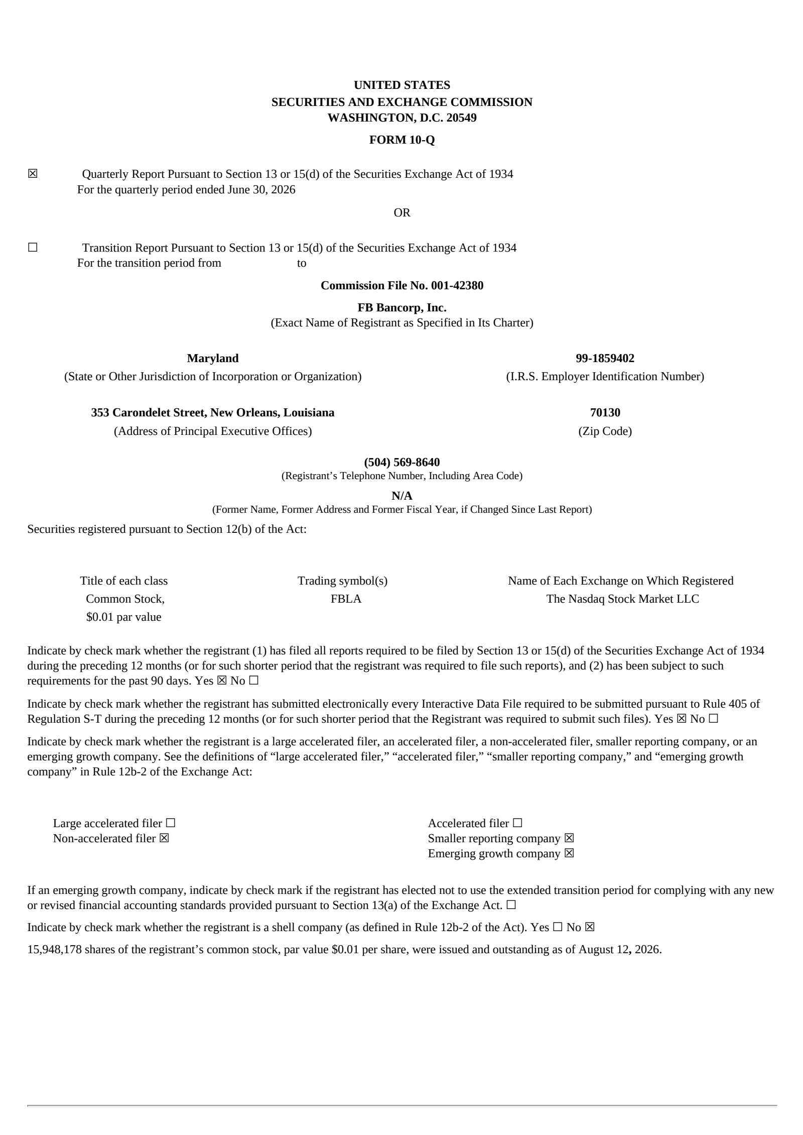 FB Bancorp's Q2 2026 Quarterly report