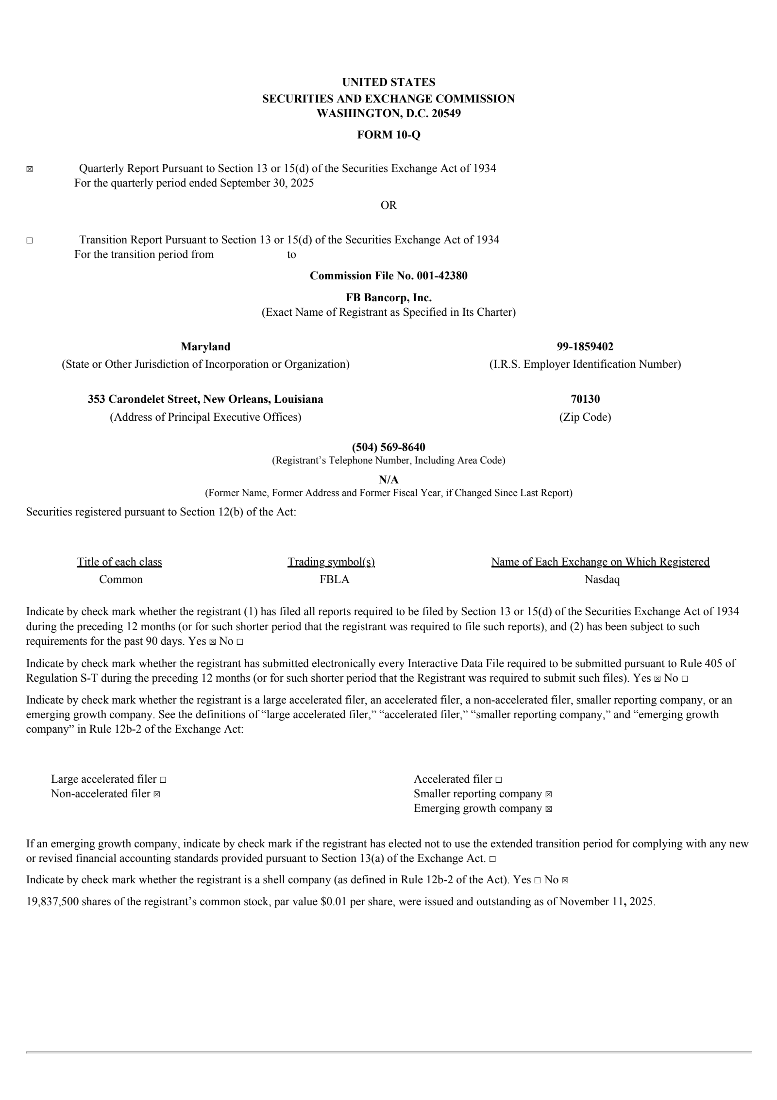 FB Bancorp's Q3 2025 Quarterly Report