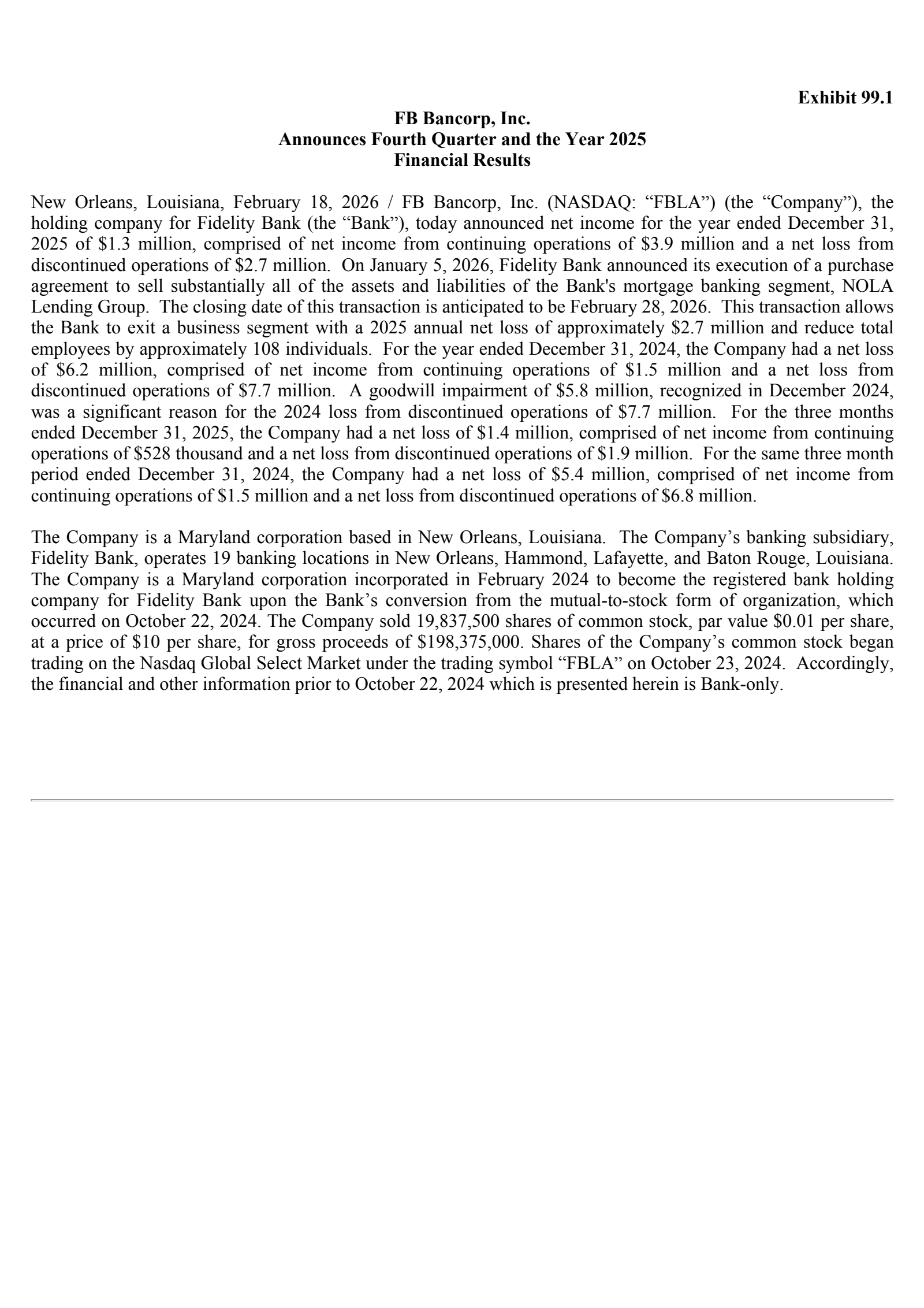 FB Bancorp's Q4 2025 Press Release