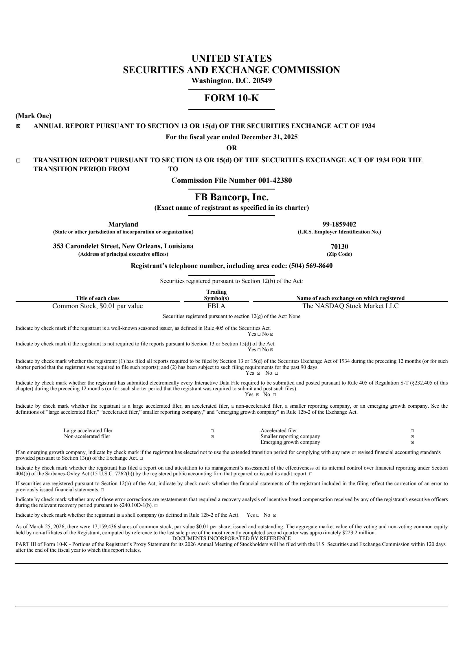 FB Bancorp's Q4 2025 Annual report