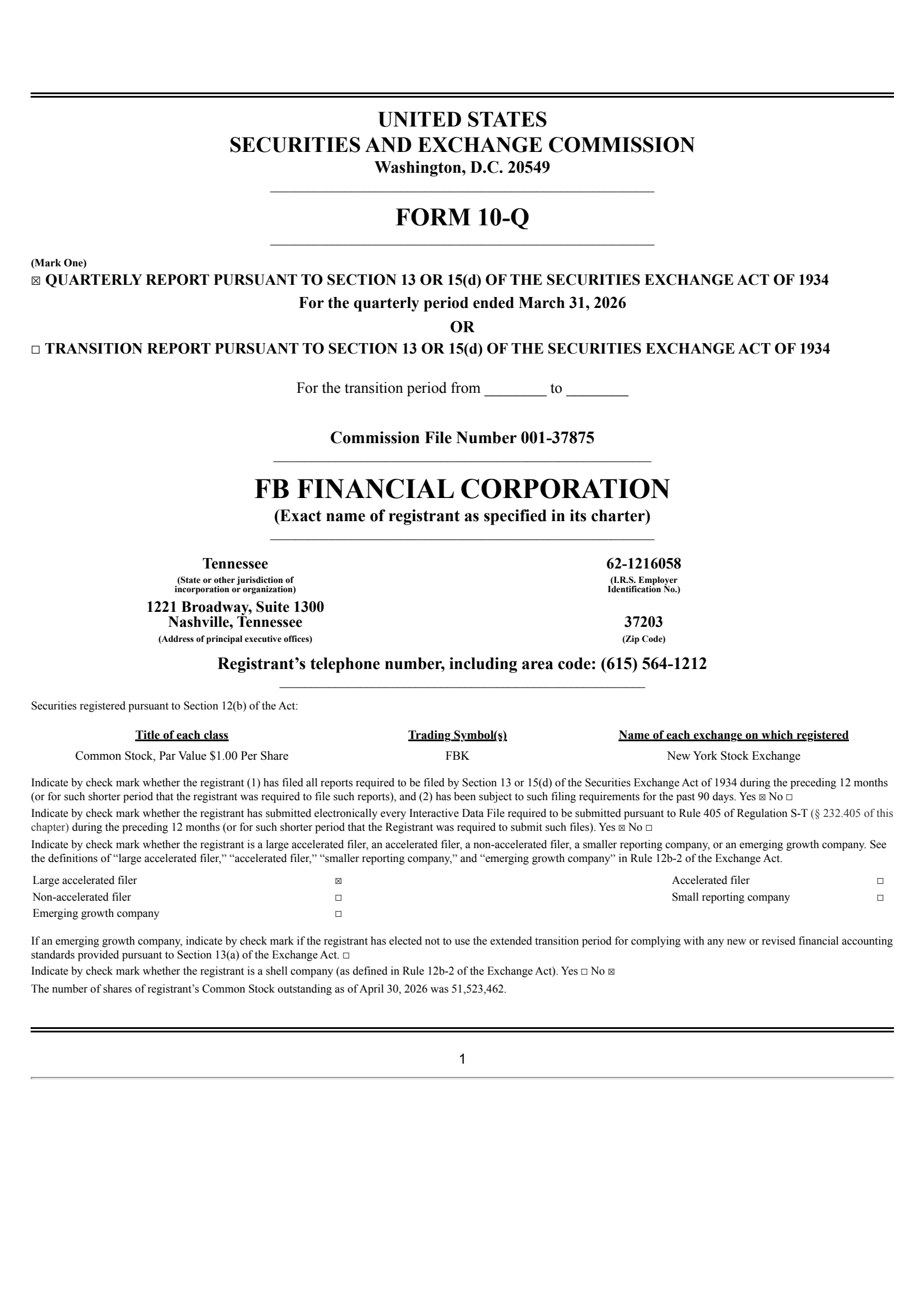 FB Financial's Q1 2026 Quarterly report