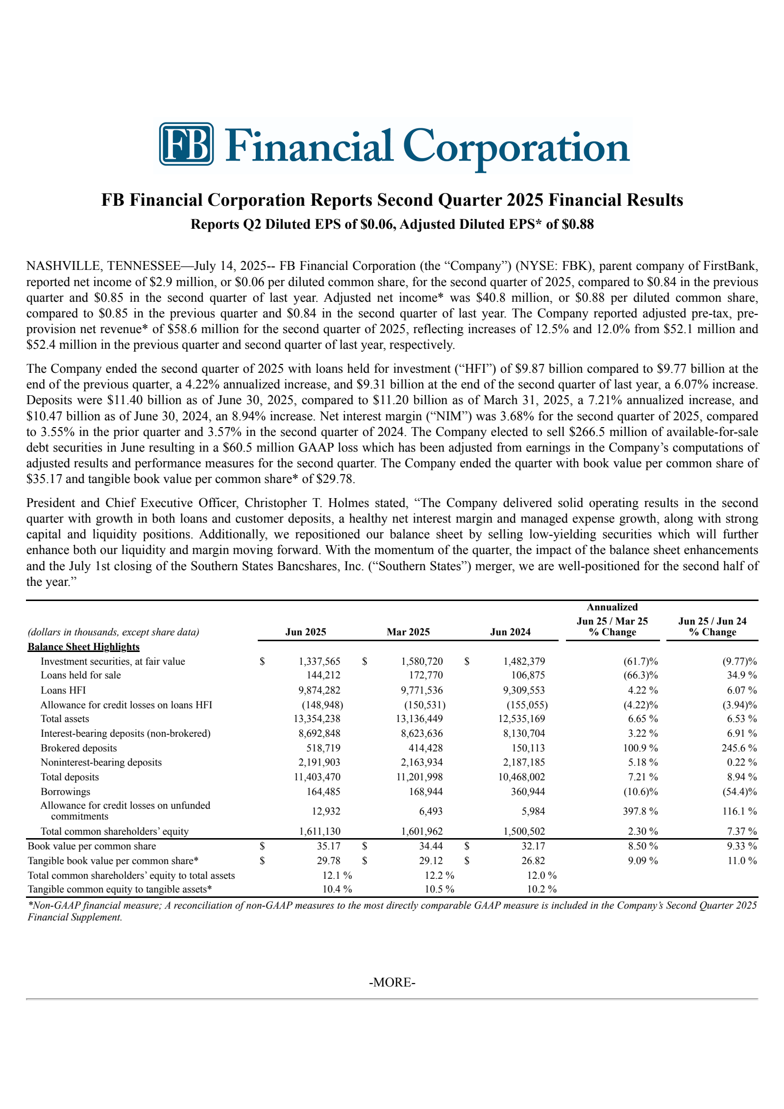 FB Financial's Q2 2025 Press Release