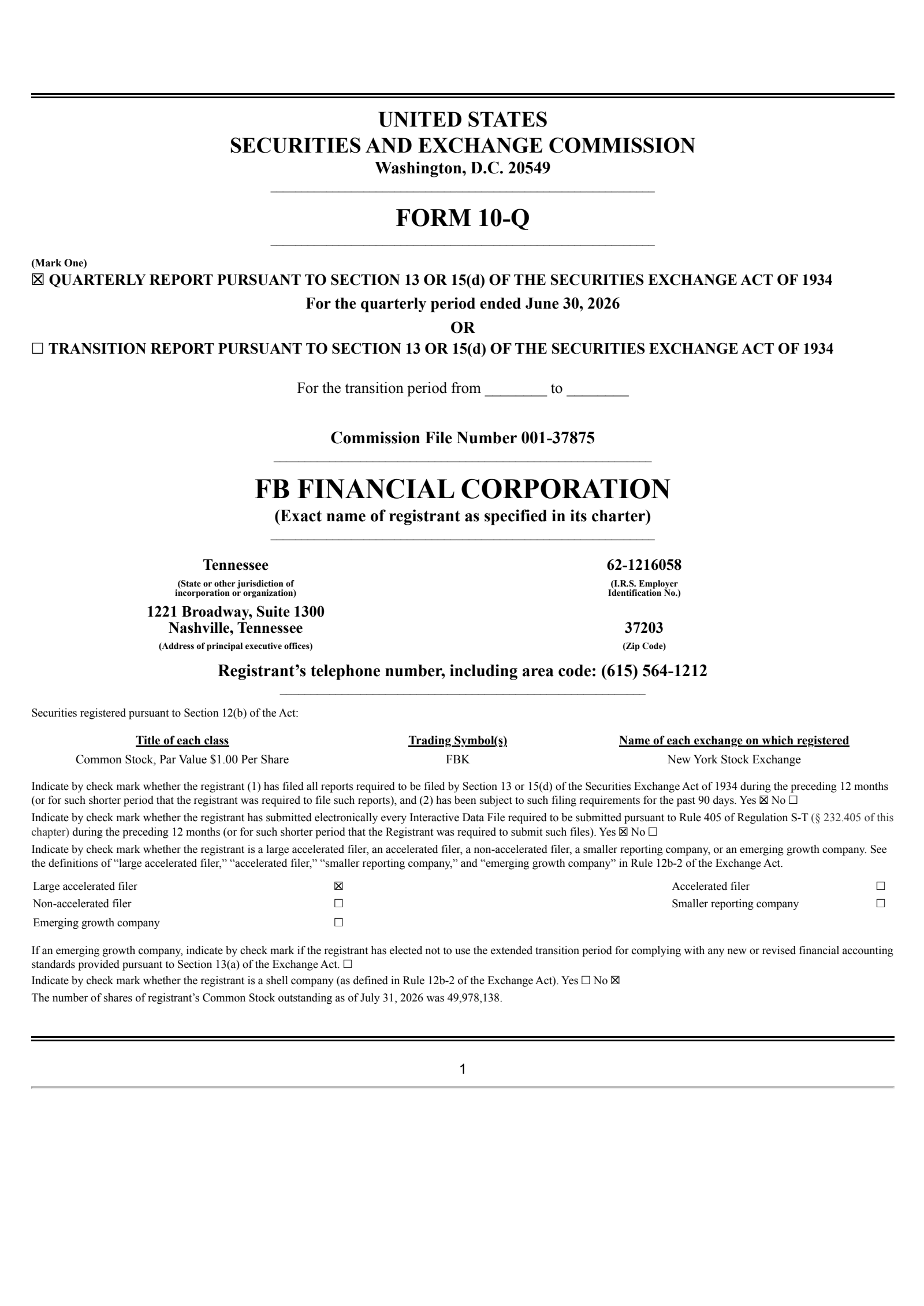 FB Financial's Q2 2026 Quarterly report