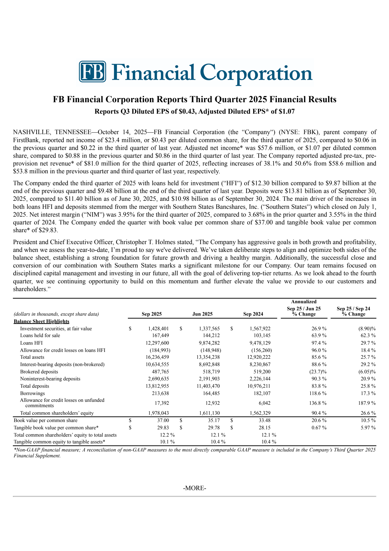 FB Financial's Q3 2025 Earnings Release