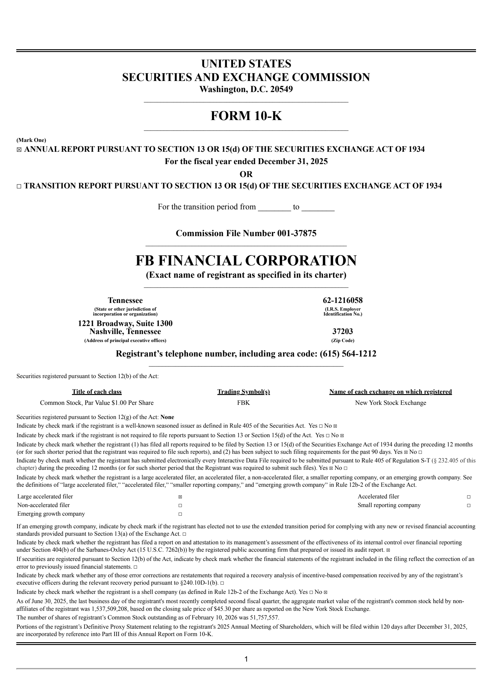 FB Financial's Q4 2025 Annual report