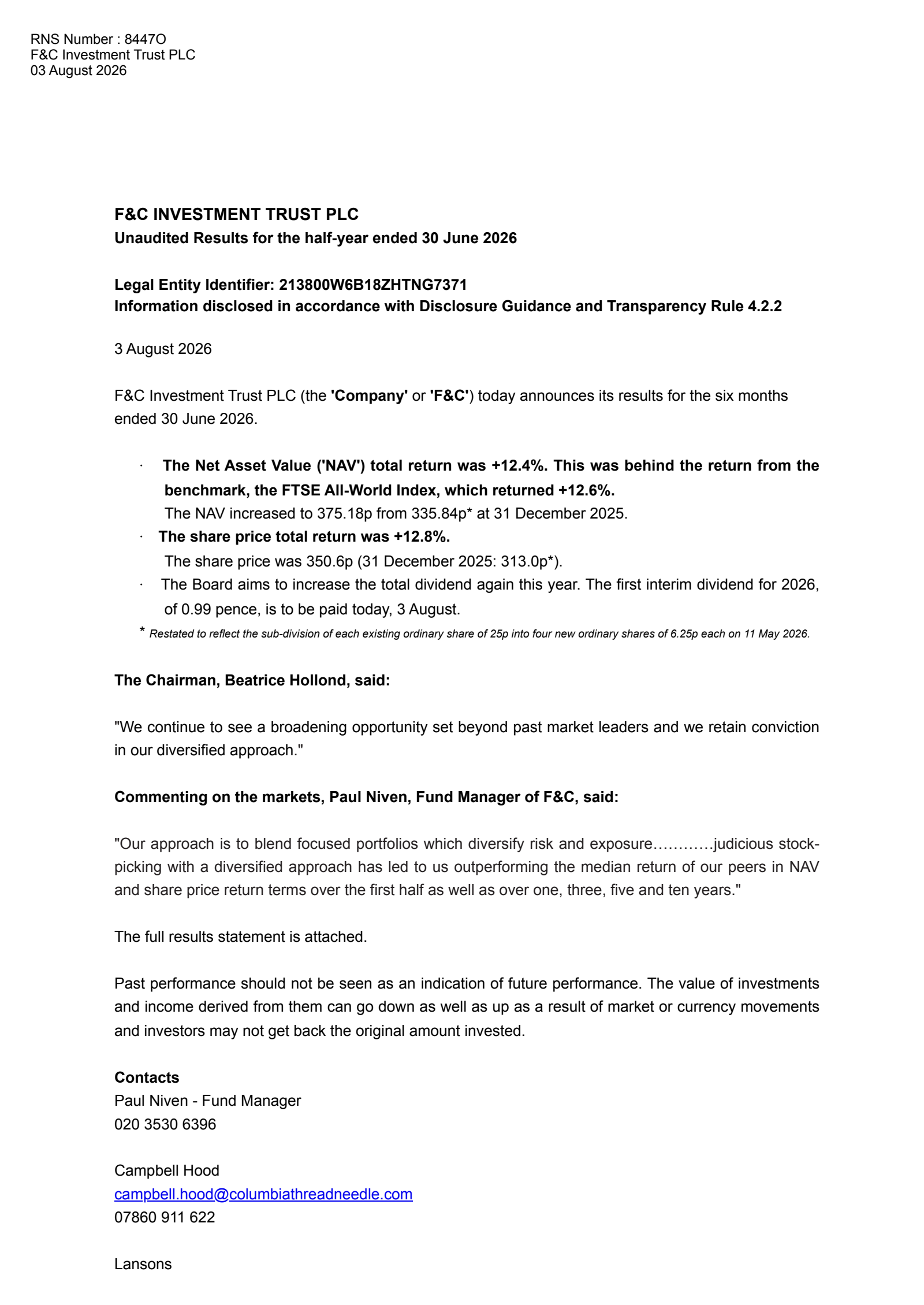 F&C Investment Trust's H1 2026 Interim report