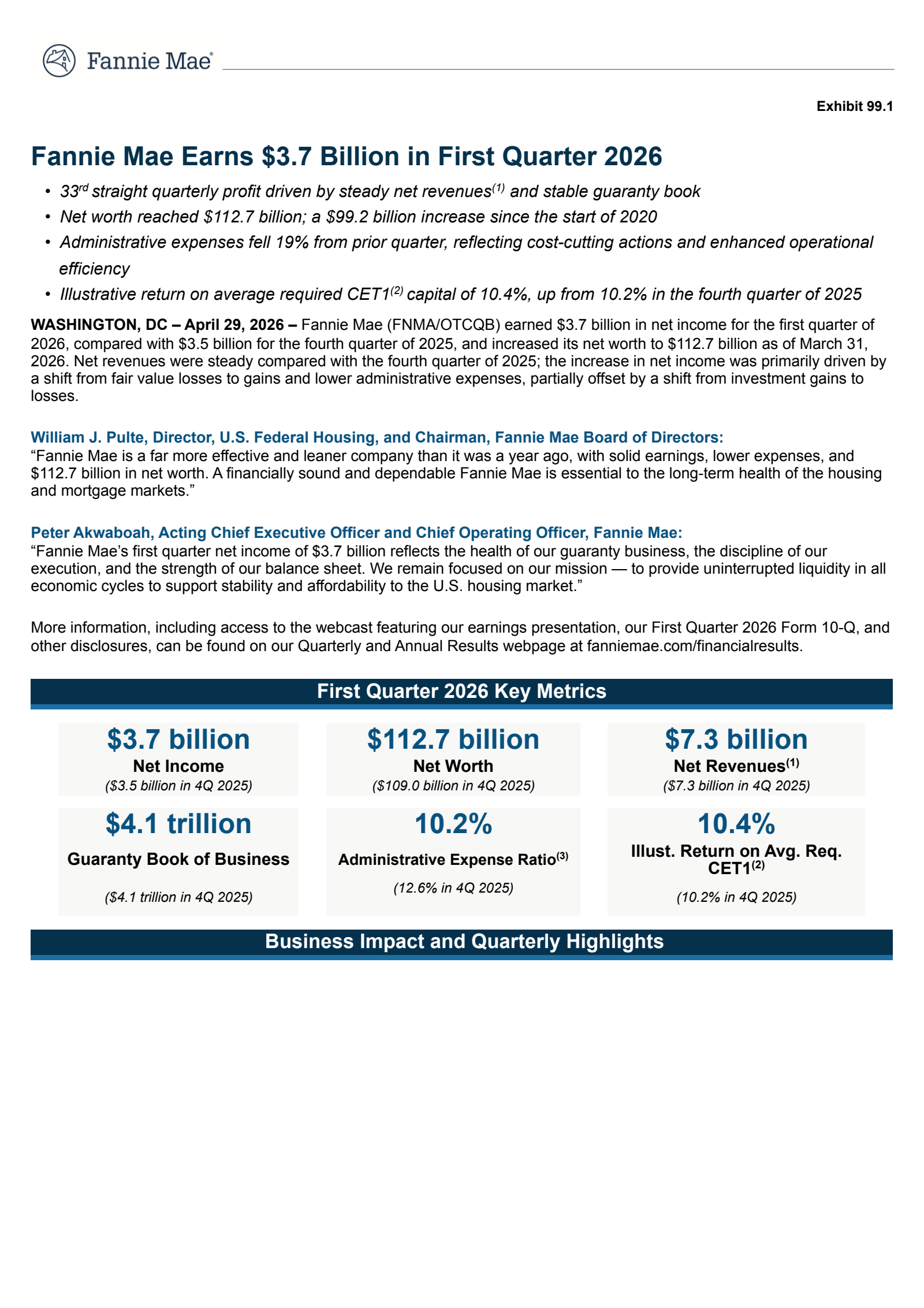 Fannie Mae's Q1 2026 Press Release