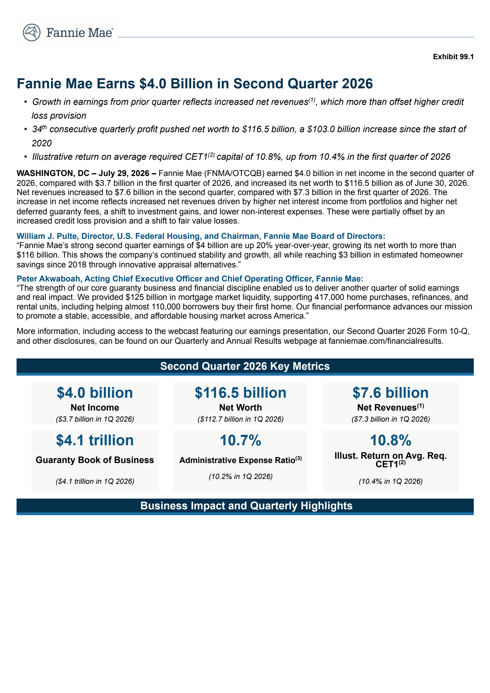 Fannie Mae's Q2 2026 Press Release