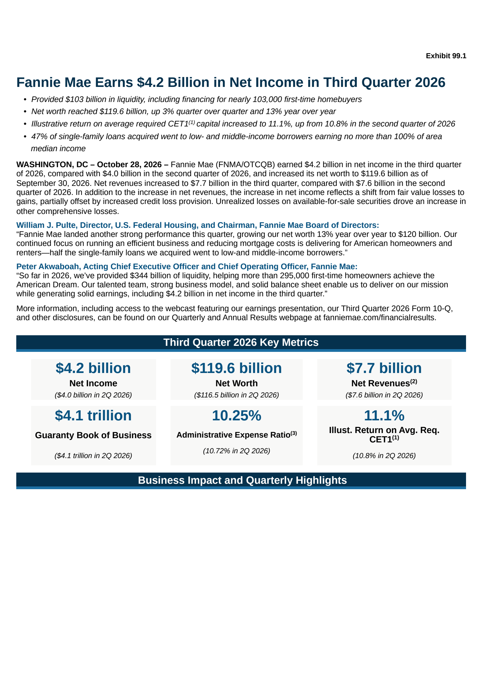 Fannie Mae's Q3 2026 Press Release