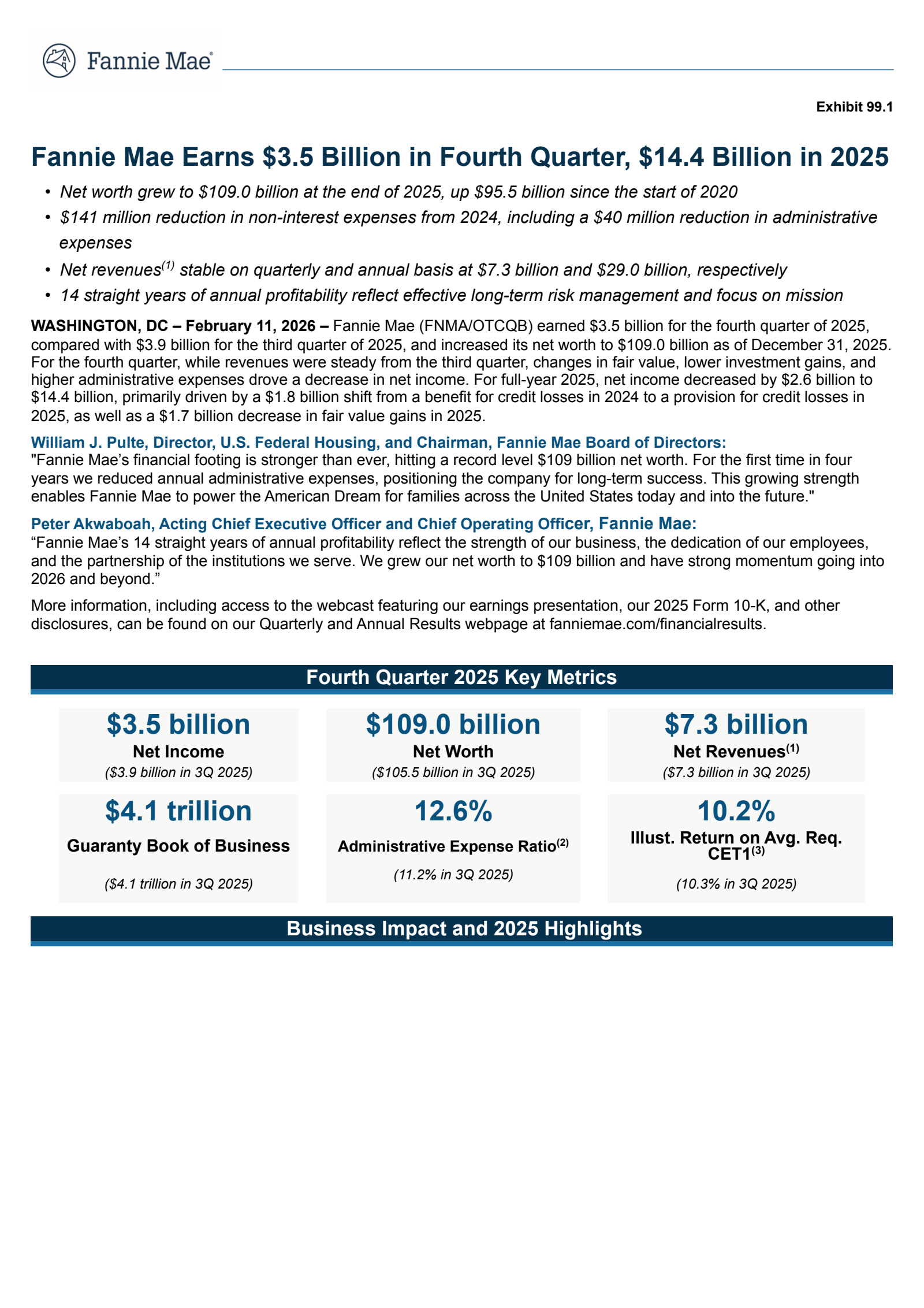 Fannie Mae's Q4 2025 Press Release