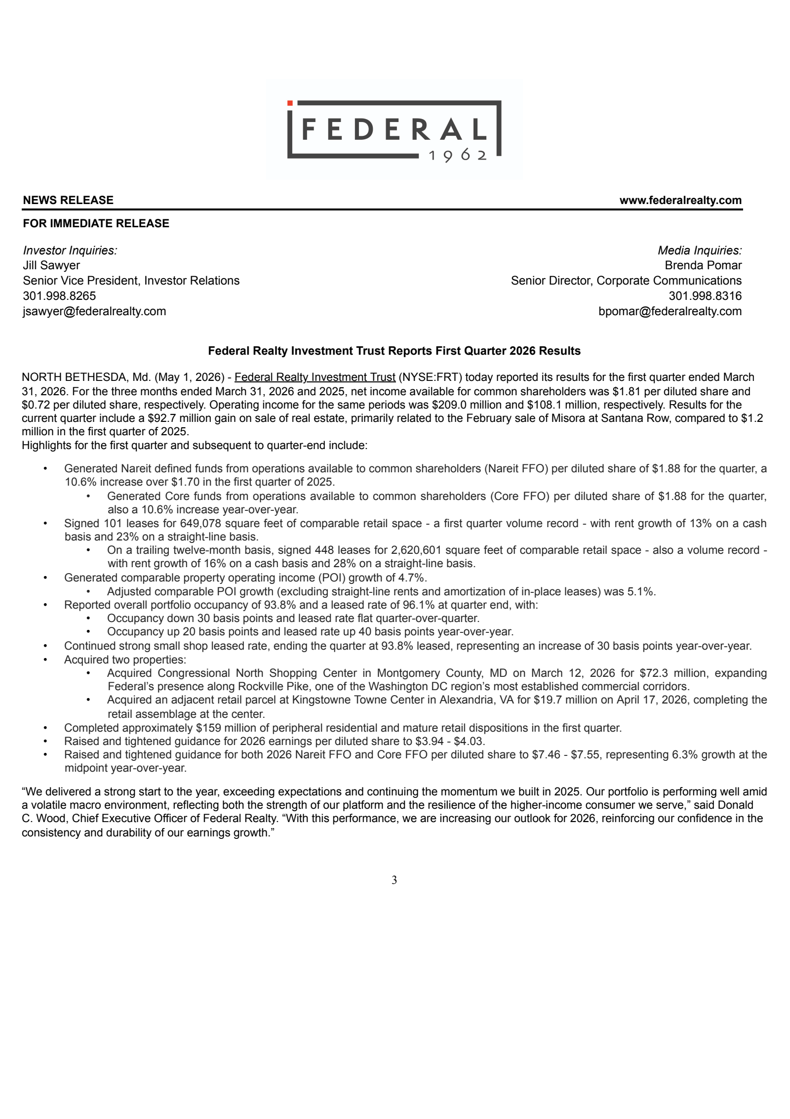 Federal Realty Investment Trust's Q1 2026 Press Release