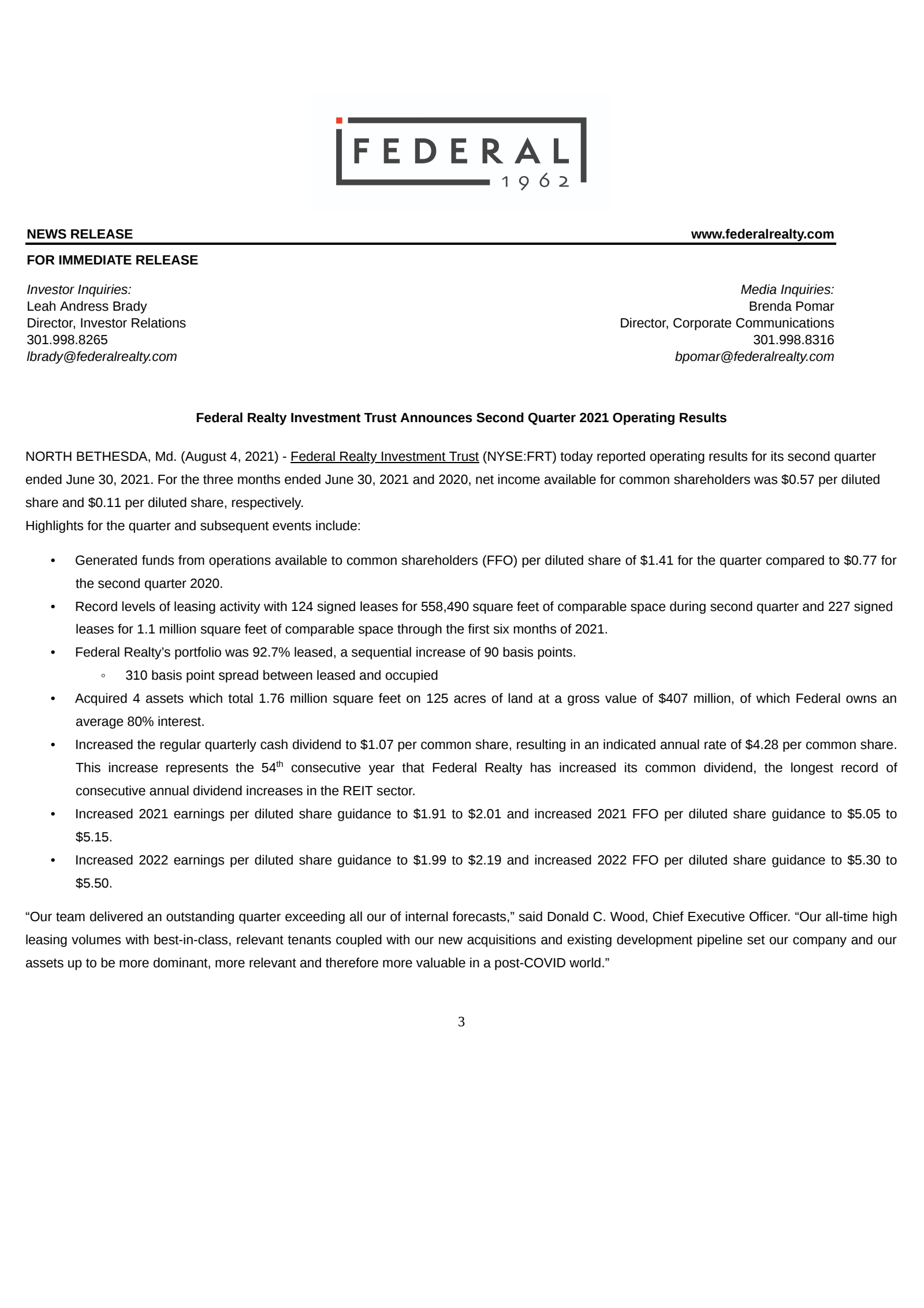 Federal Realty Investment Trust's Q2 2021 Earnings Release