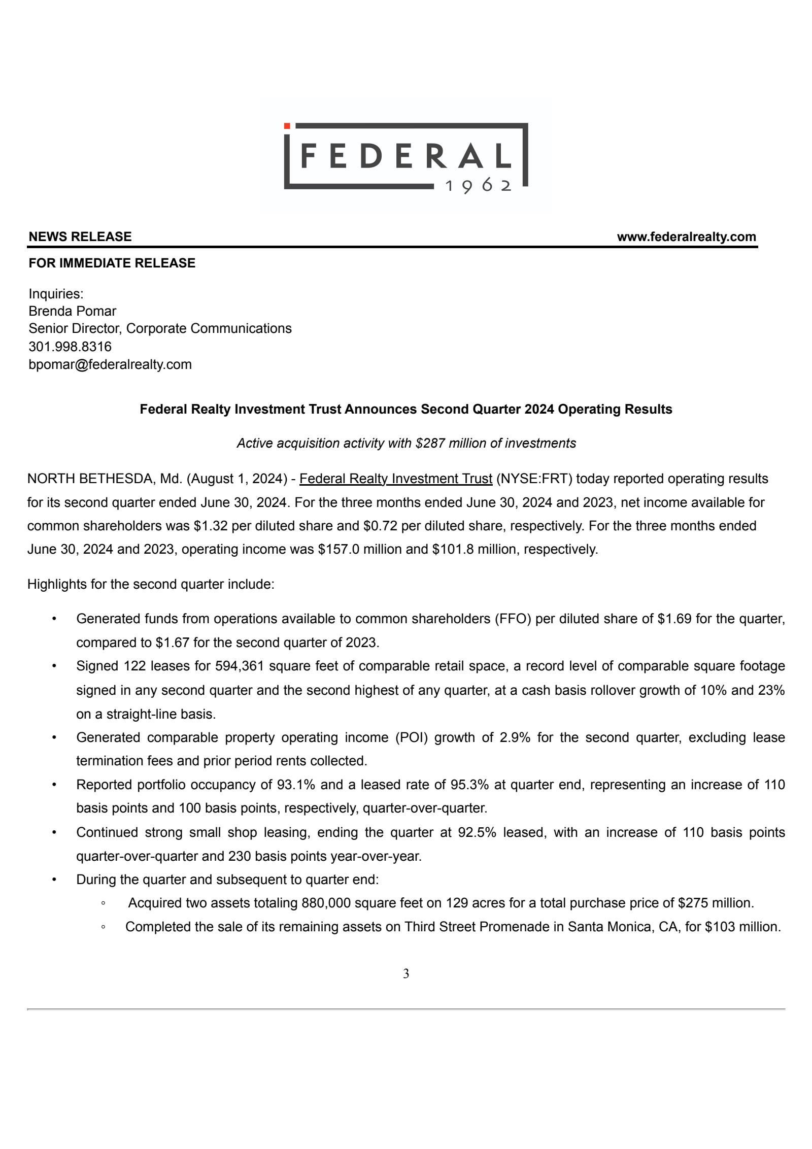 Federal Realty Investment Trust's Q2 2024 Earnings Release