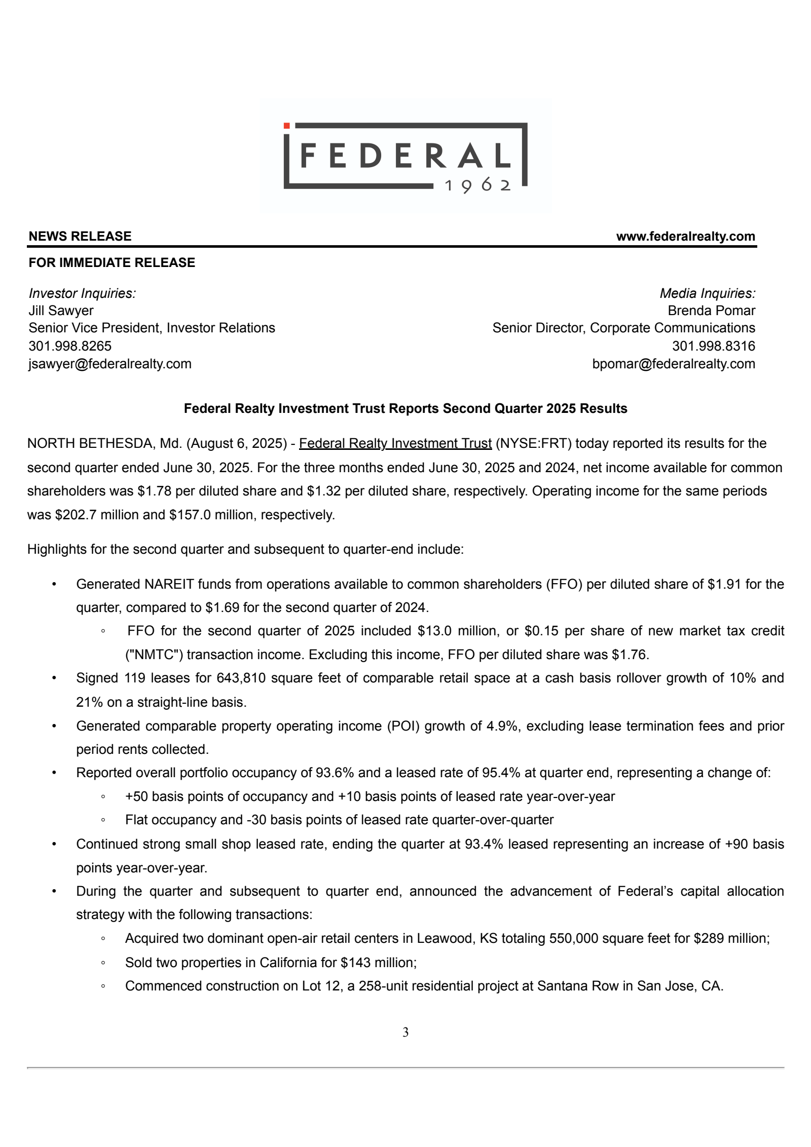 Federal Realty Investment Trust's Q2 2025 Press Release