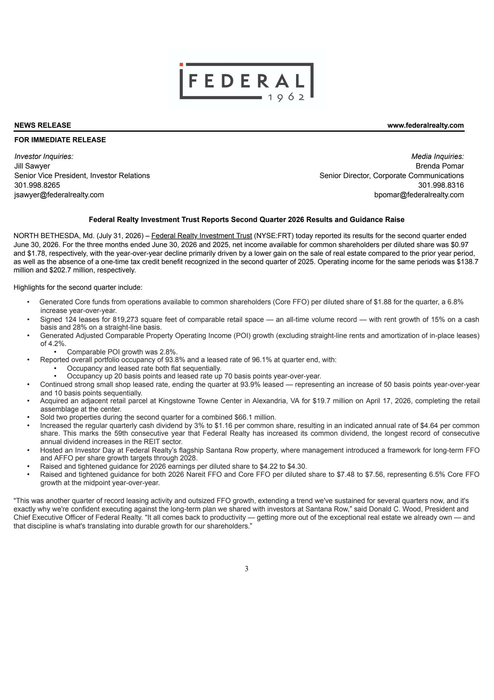 Federal Realty Investment Trust's Q2 2026 Press Release