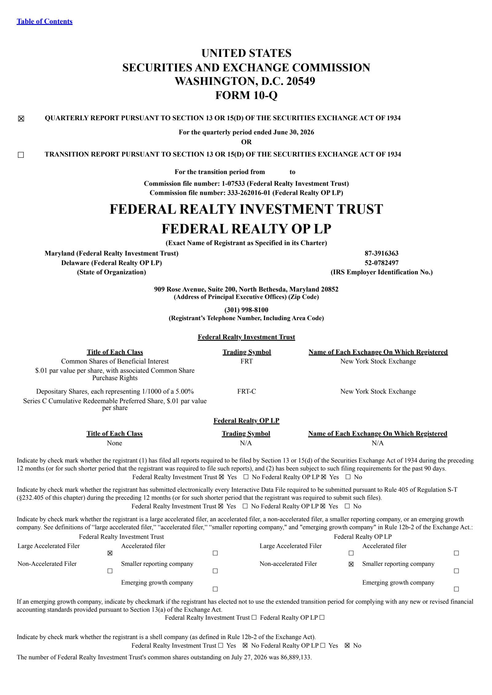Federal Realty Investment Trust's Q2 2026 Quarterly report