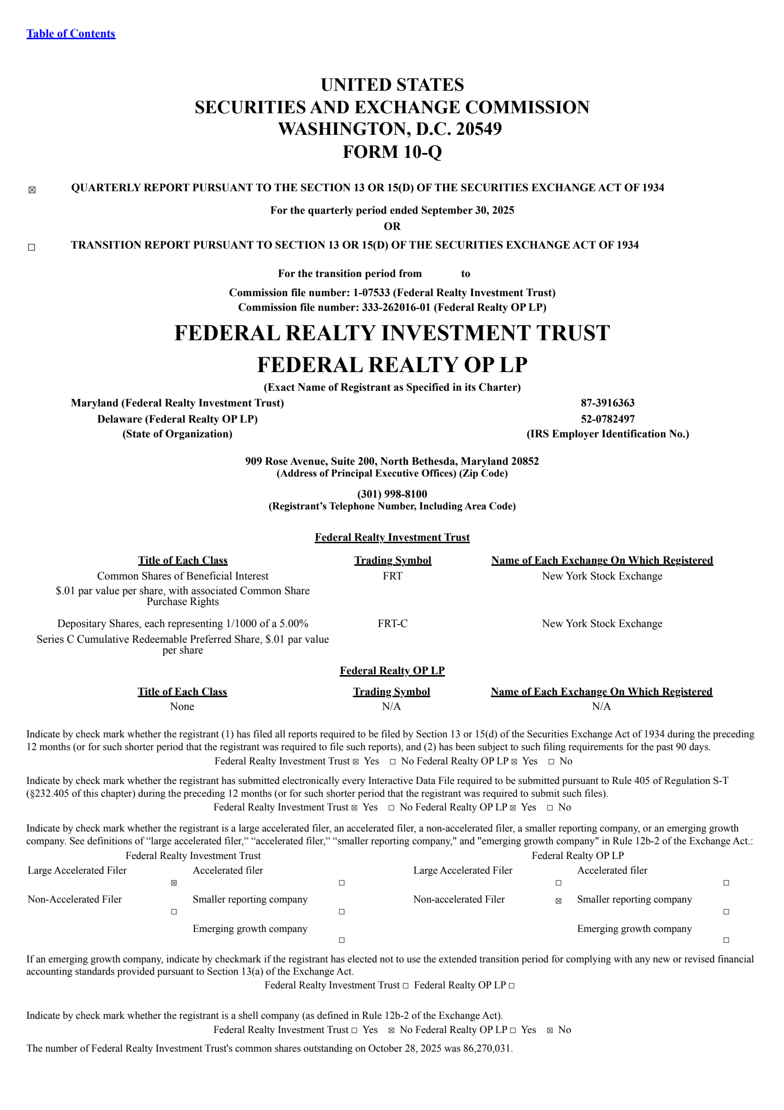 Federal Realty Investment Trust's Q3 2025 Quarterly Report