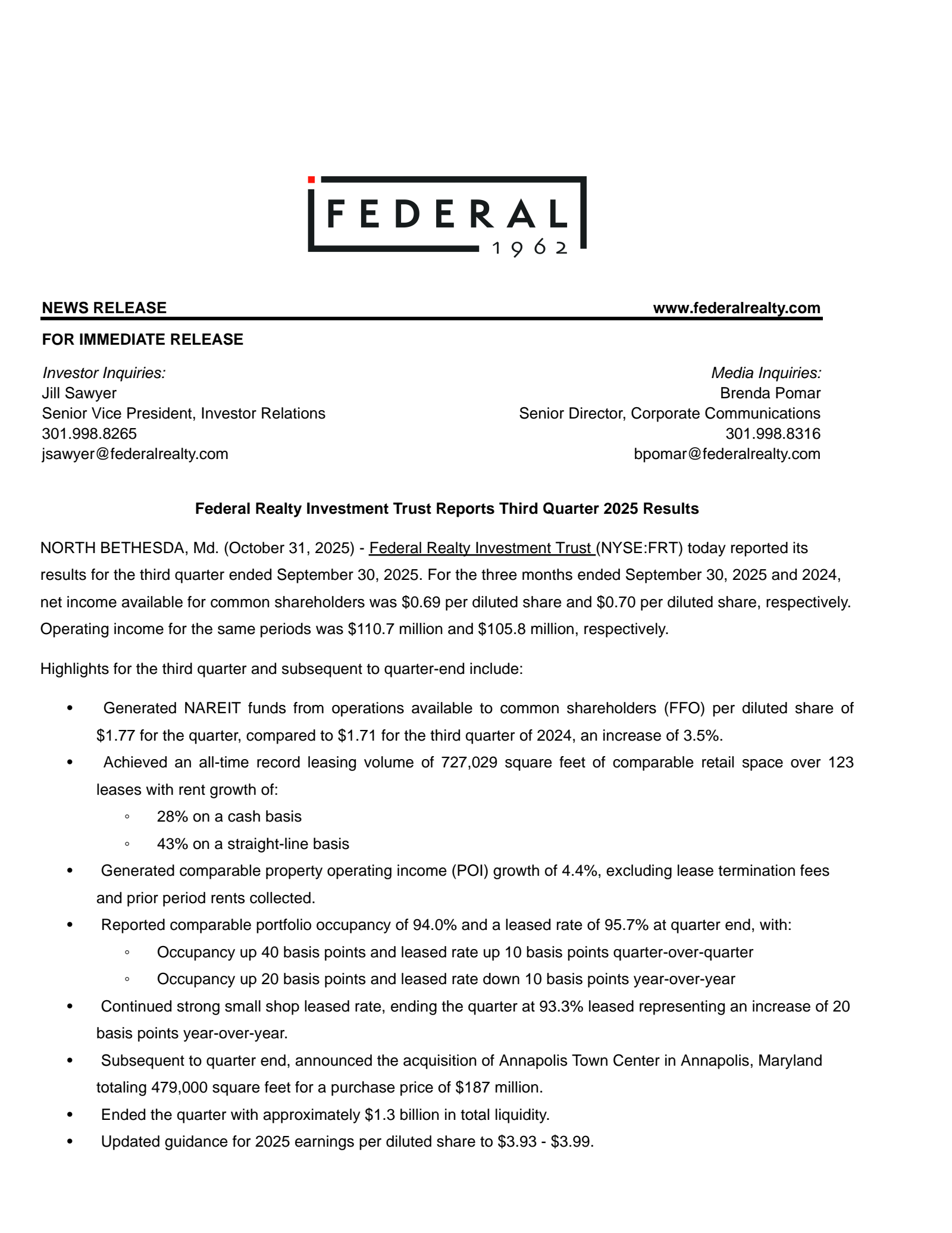 Federal Realty Investment Trust's Q3 2025 Earnings Release