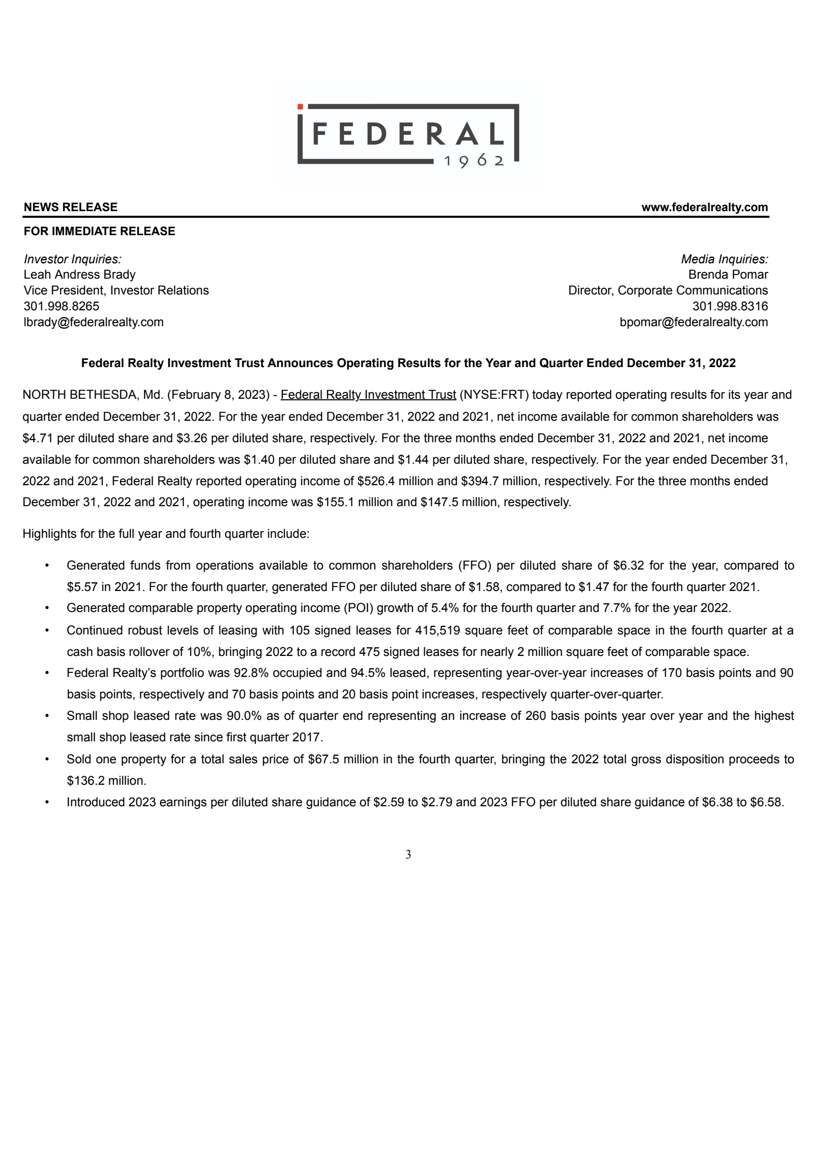 Federal Realty Investment Trust's Q4 2022 Earnings Release