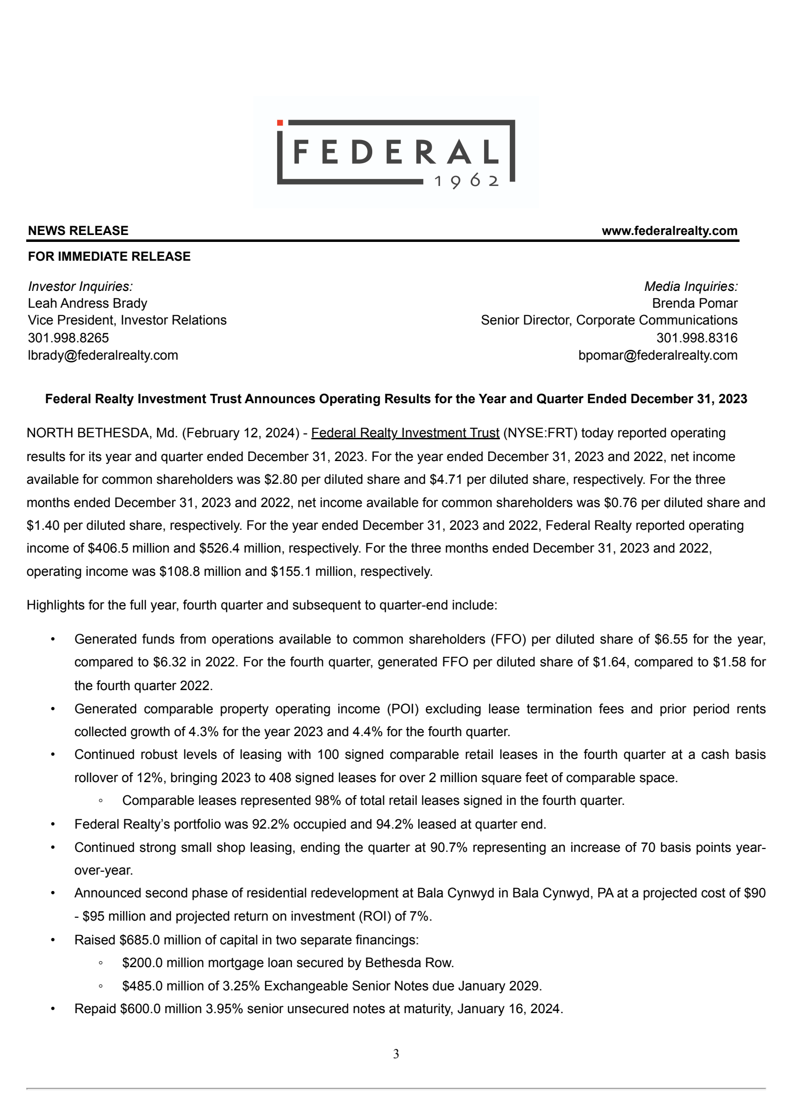 Federal Realty Investment Trust's Q4 2023 Earnings Release