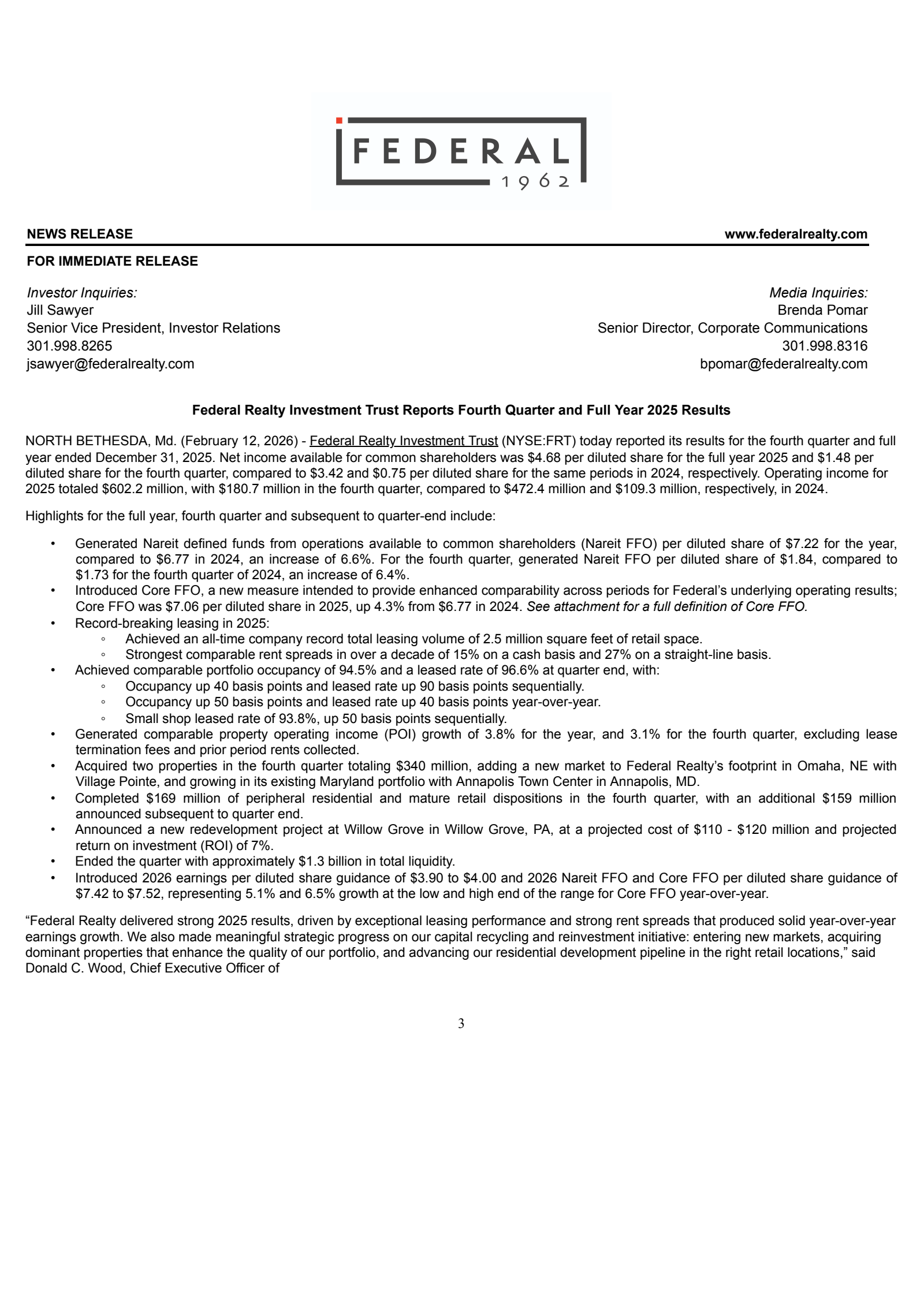Federal Realty Investment Trust's Q4 2025 Press Release