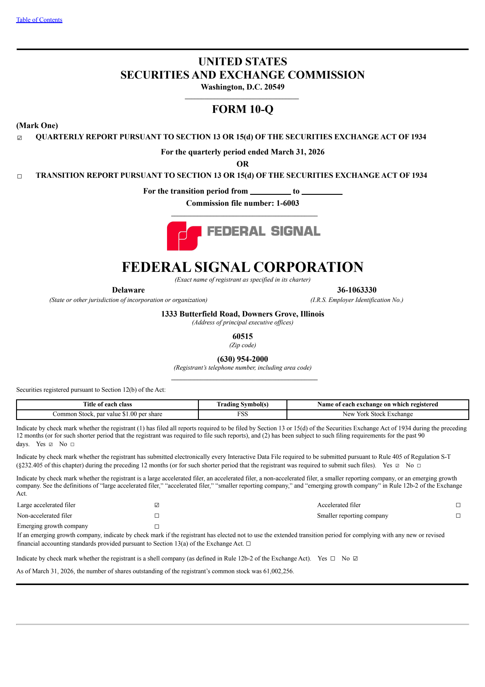 Federal Signal's Q1 2026 Quarterly report