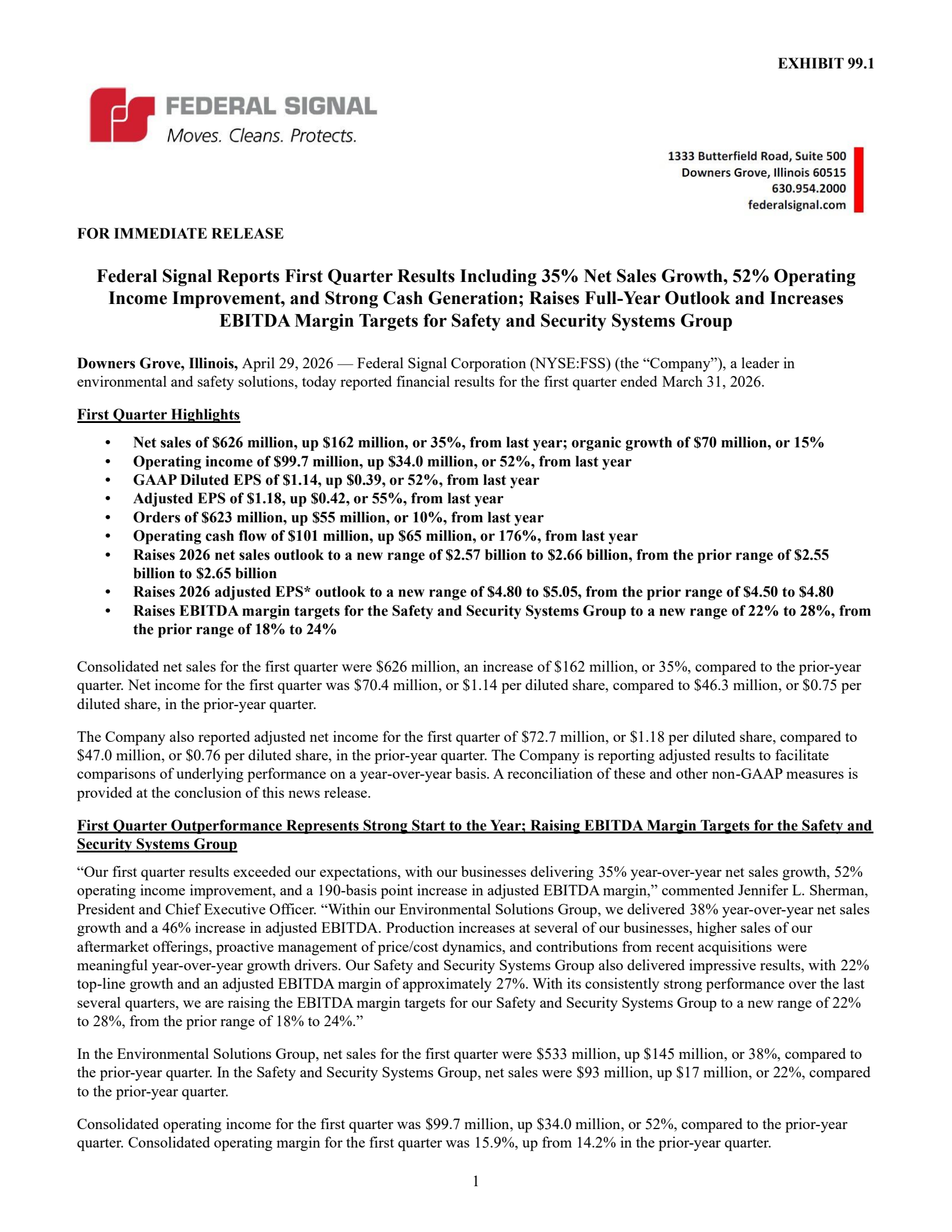 Federal Signal's Q1 2026 Press Release