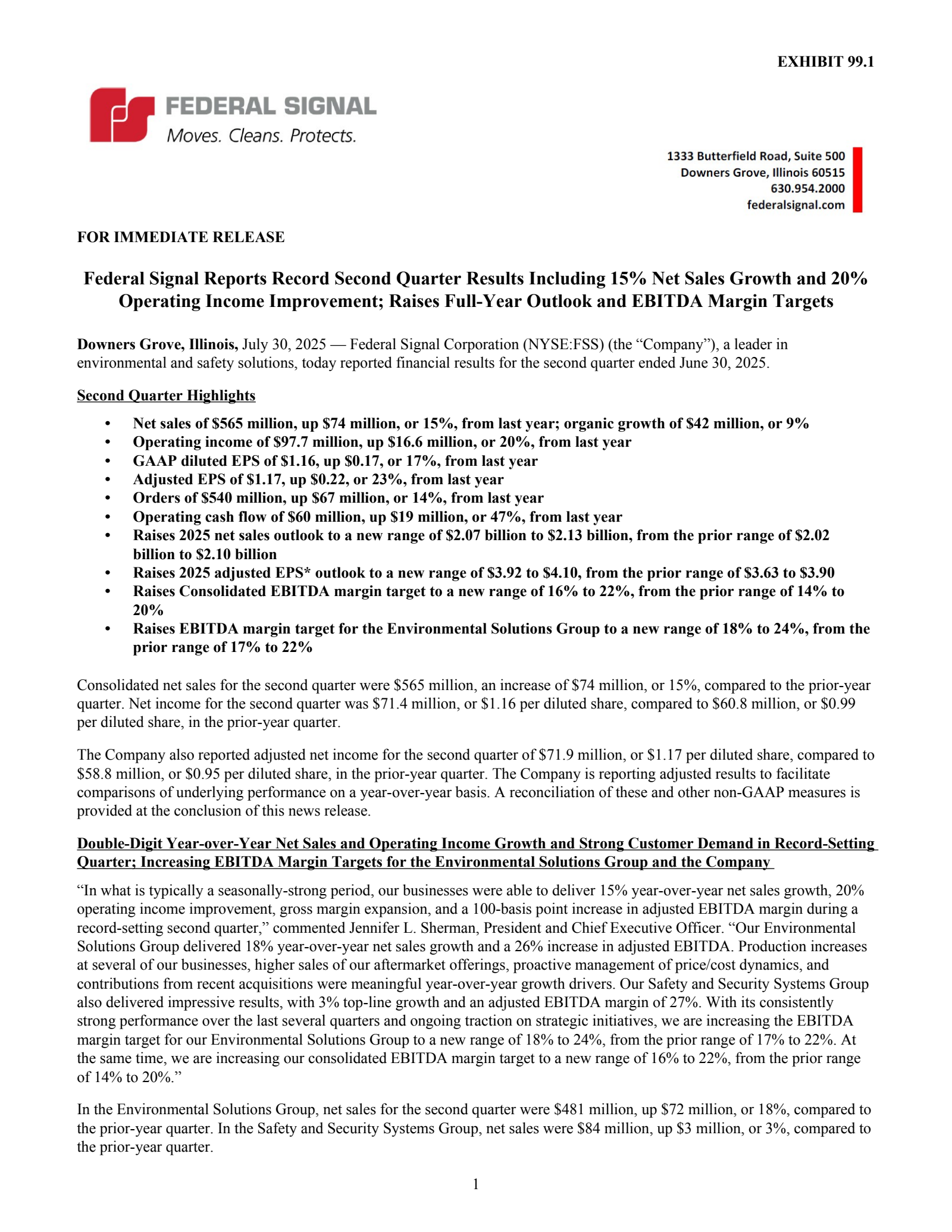 Federal Signal's Q2 2025 Press Release
