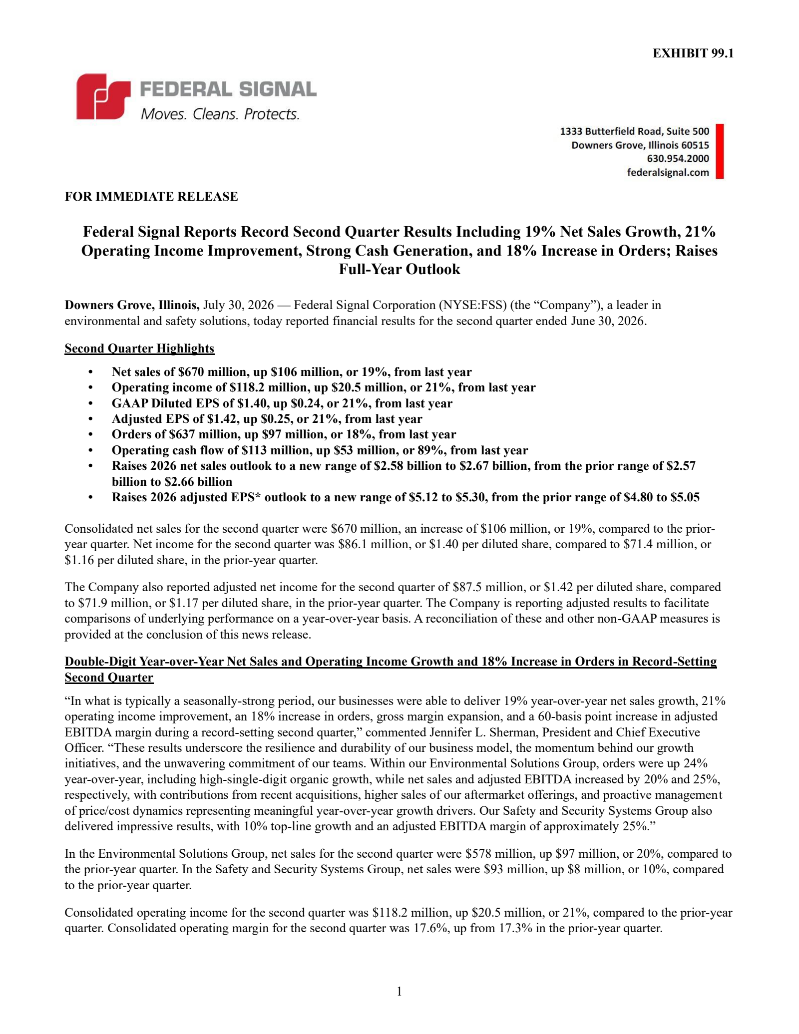 Federal Signal's Q2 2026 Press Release