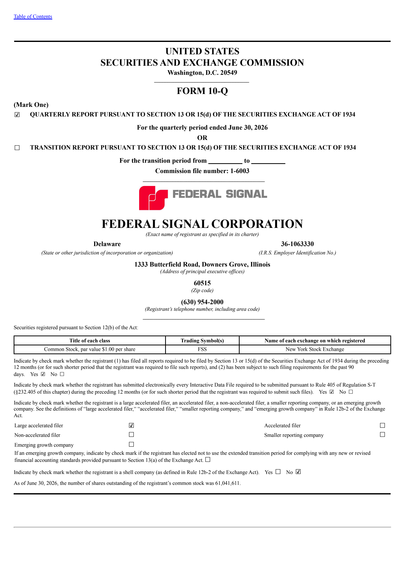 Federal Signal's Q2 2026 Quarterly report