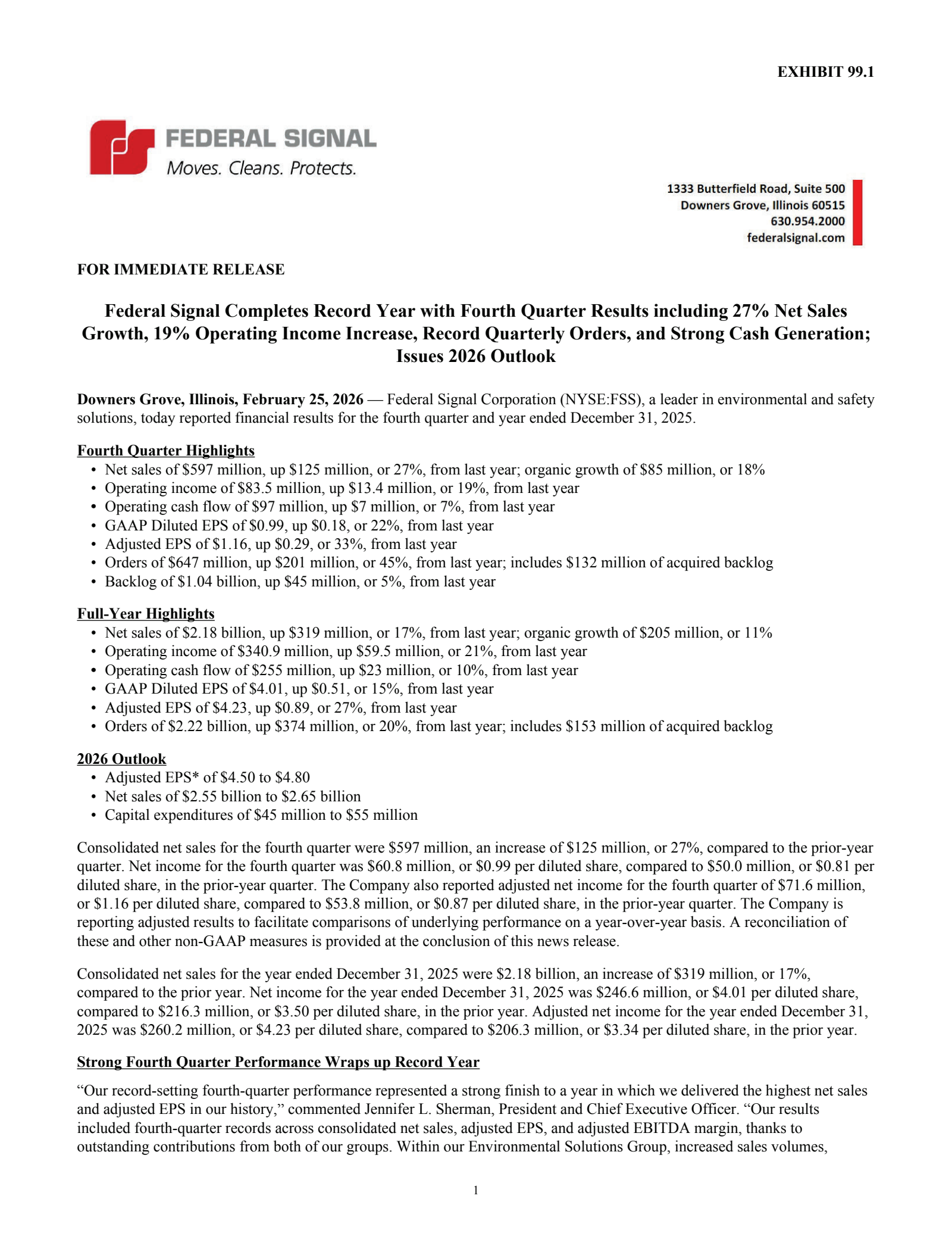 Federal Signal's Q4 2025 Press Release