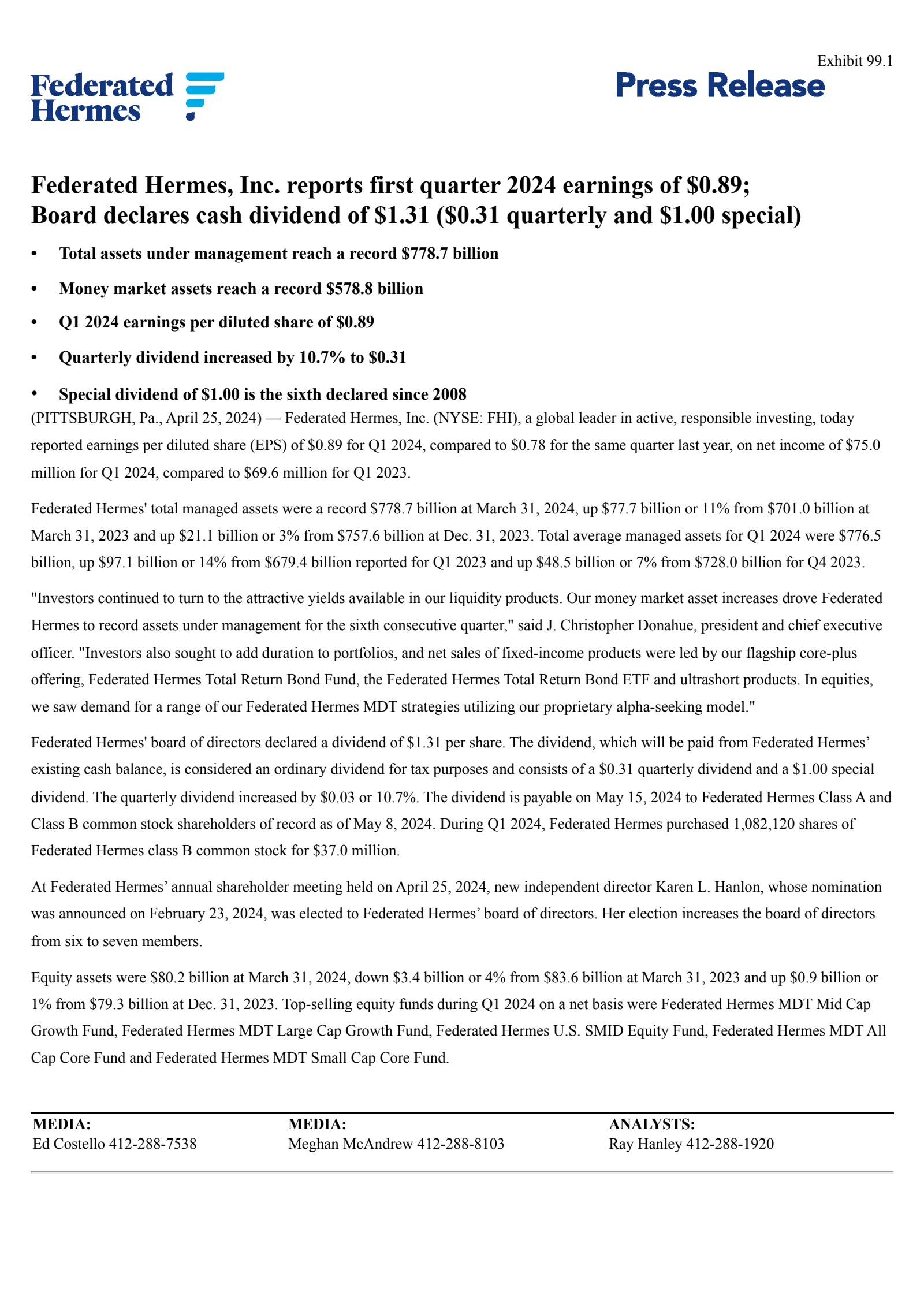 Federated Hermes' Q1 2024 Press Release