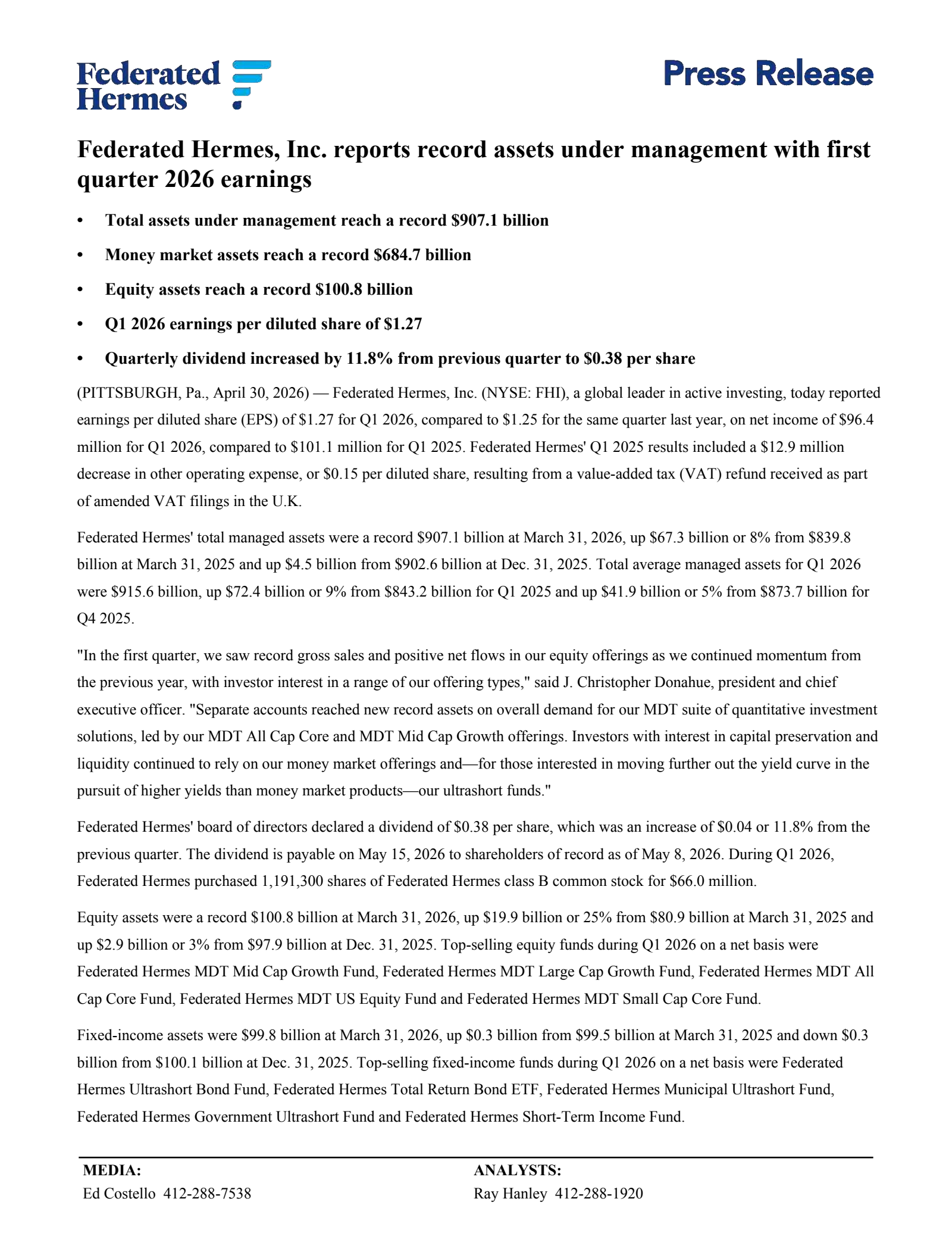 Federated Hermes' Q1 2026 Press Release