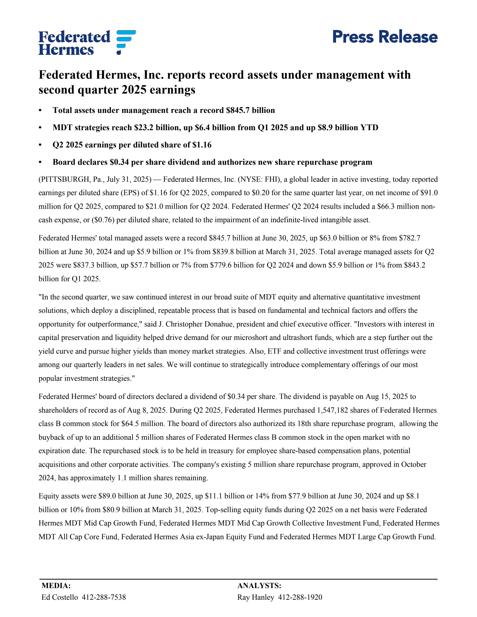 Federated Hermes' Q2 2025 Press Release