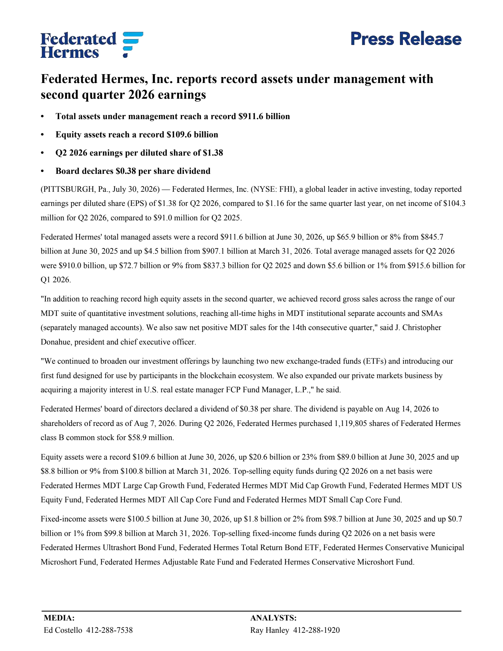 Federated Hermes' Q2 2026 Press Release