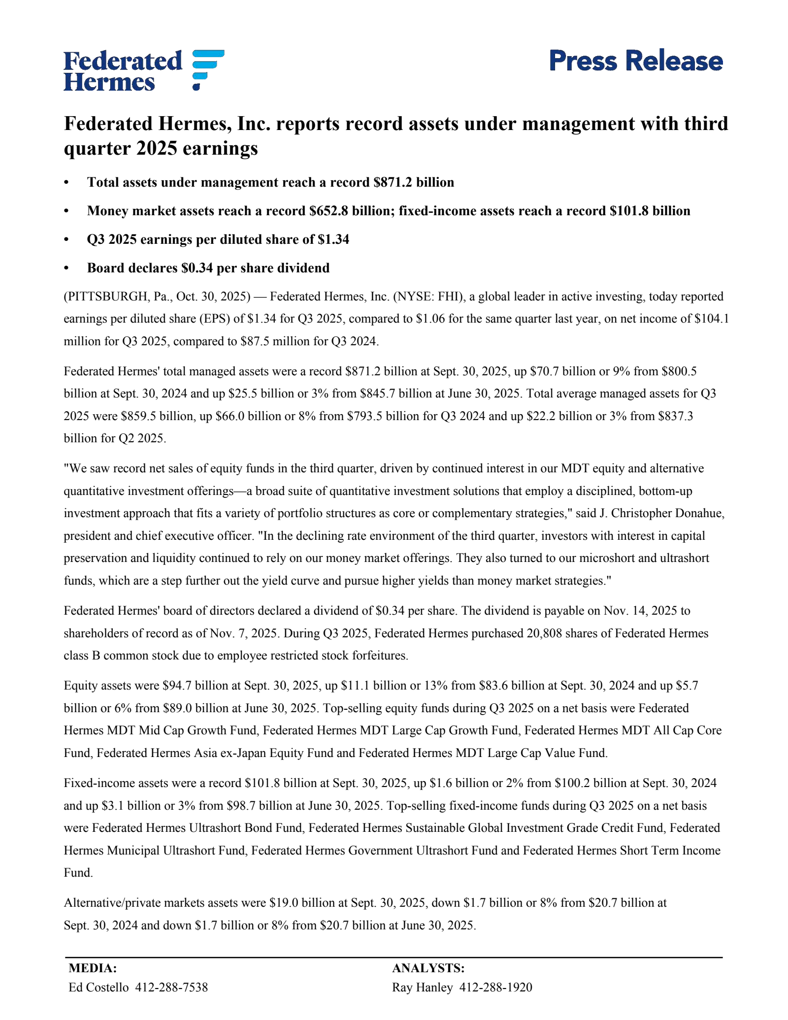 Federated Hermes' Q3 2025 Earnings Release