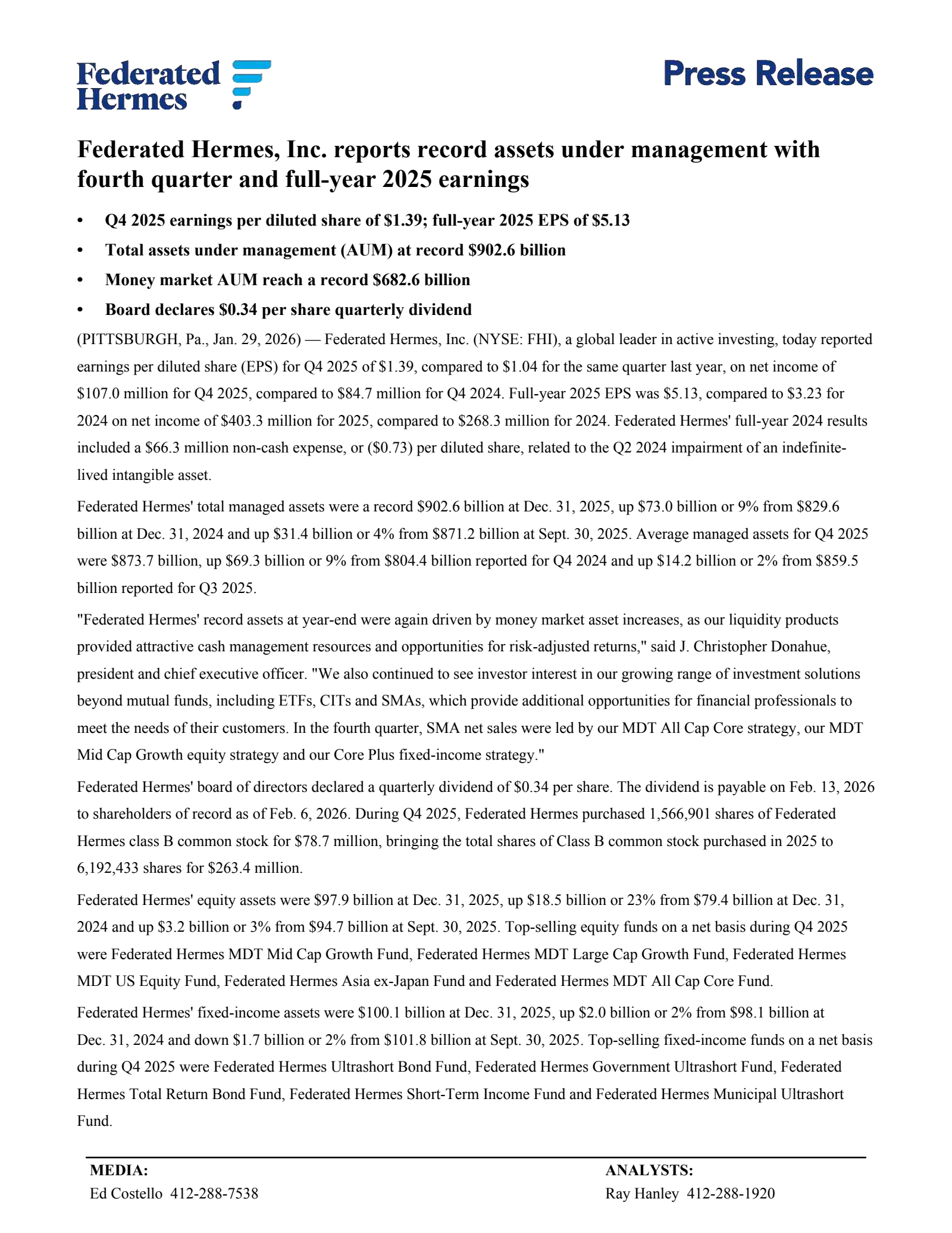 Federated Hermes' Q4 2025 Press Release
