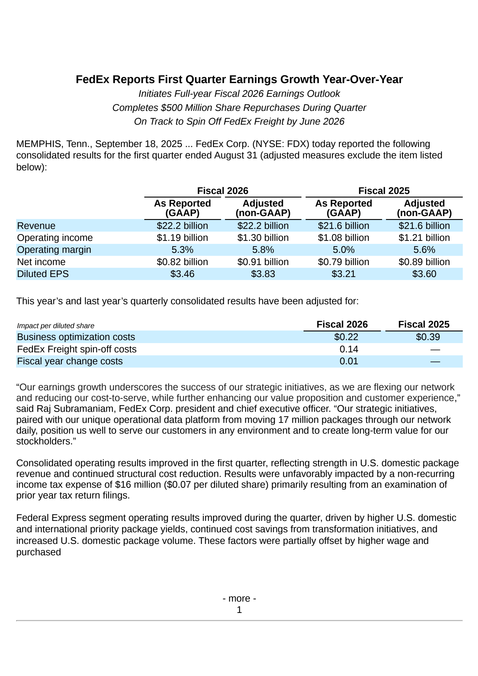 FedEx's Q1 2026 Earnings Release